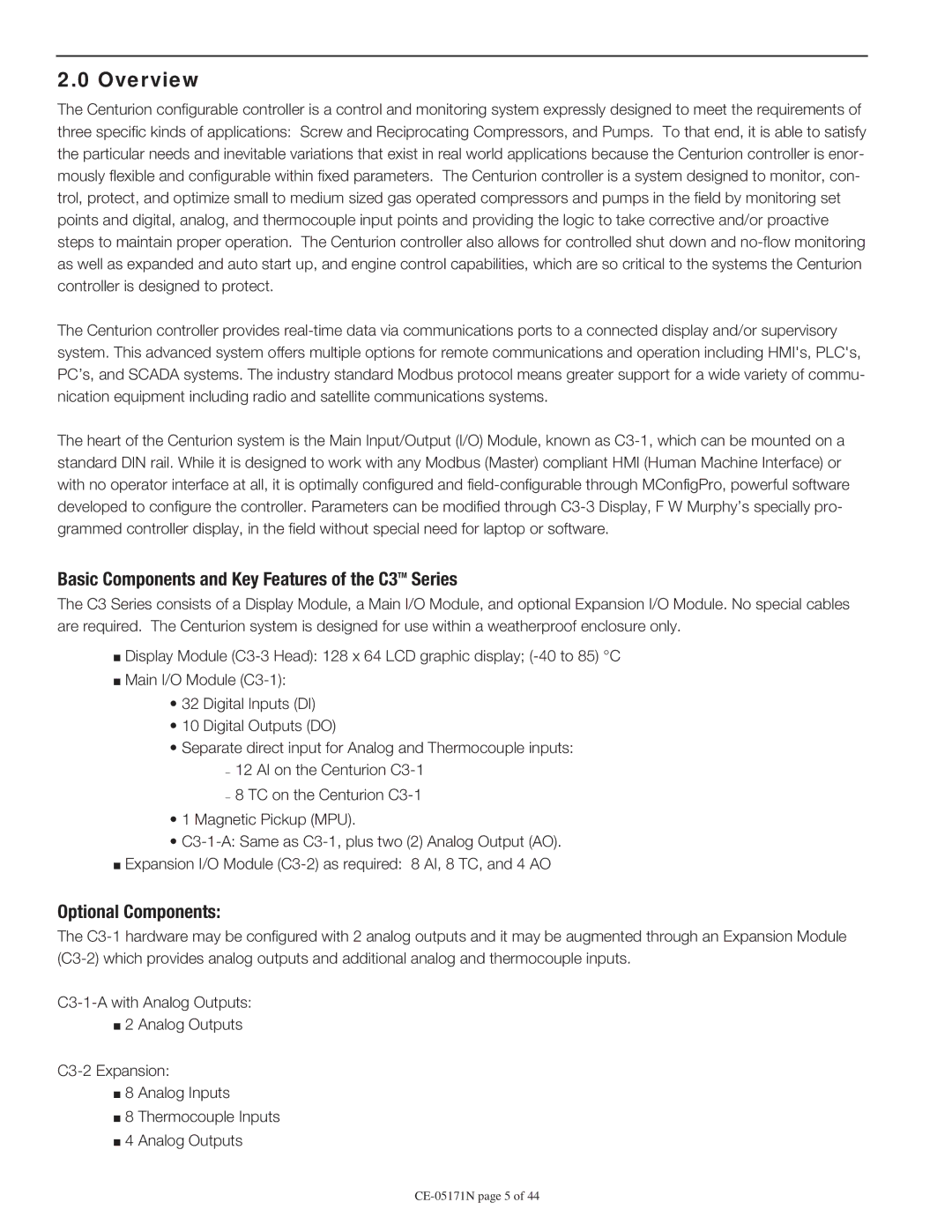 Murphy CE-05171N manual Overview, Basic Components and Key Features of the C3TM Series, Optional Components 