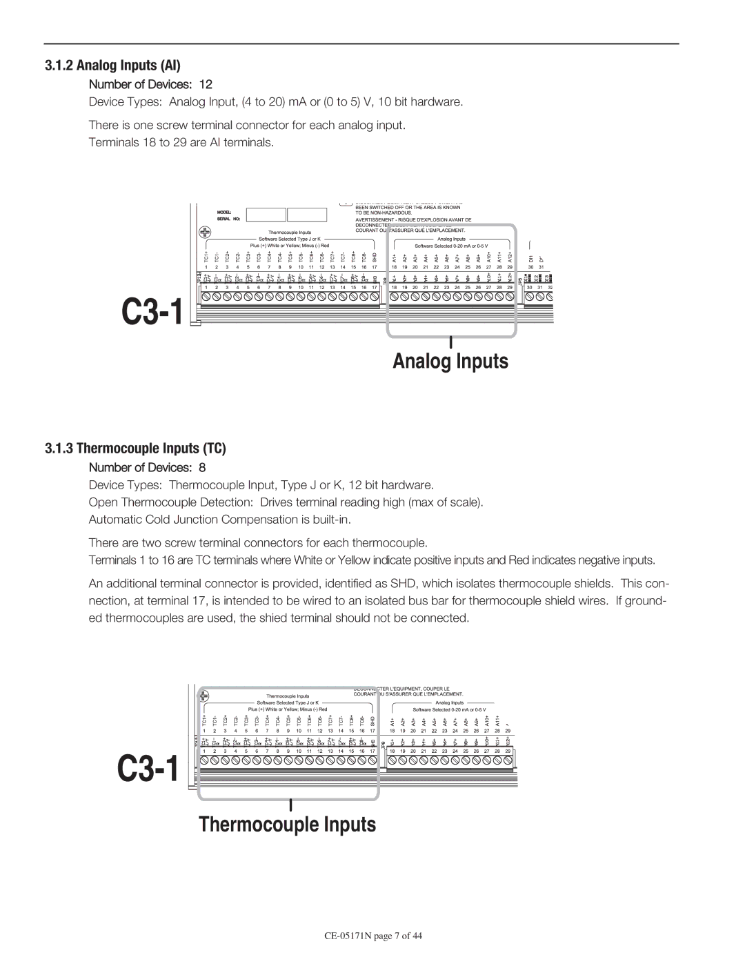 Murphy CE-05171N manual Analog Inputs AI, Thermocouple Inputs TC 