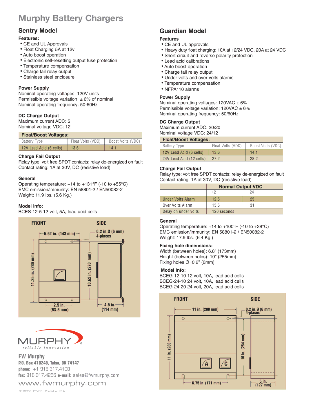 Murphy CE, UL manual Murphy Battery Chargers, Sentry Model, Guardian Model 