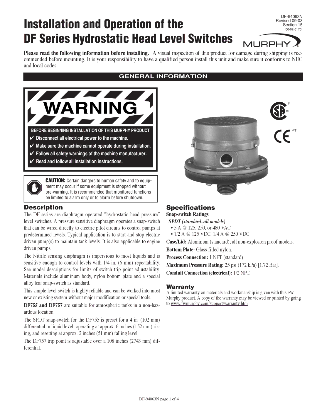 Murphy DF Series specifications Description, Specifications, Warranty, General Information 