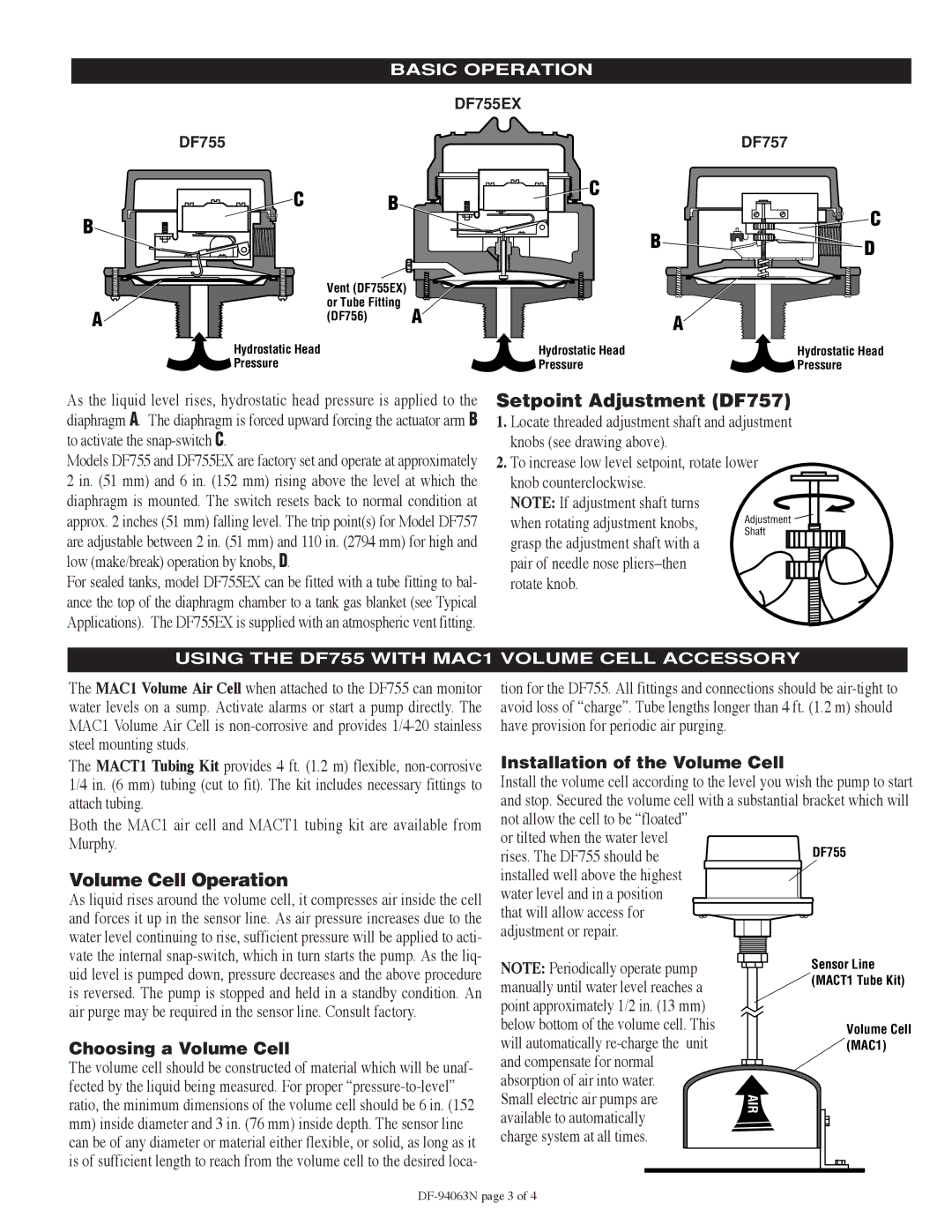 Murphy DF Series Setpoint Adjustment DF757, Volume Cell Operation, Installation of the Volume Cell, Choosing a Volume Cell 