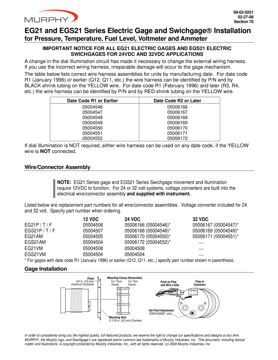 Murphy EG21, EGS21 Series specifications Wire/Connector Assembly, Gage Installation 