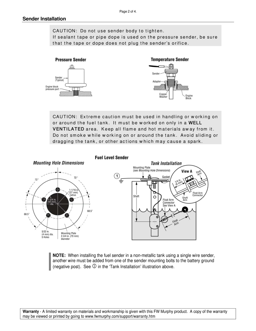 Murphy EGS21 Series, EG21 specifications Sender Installation 