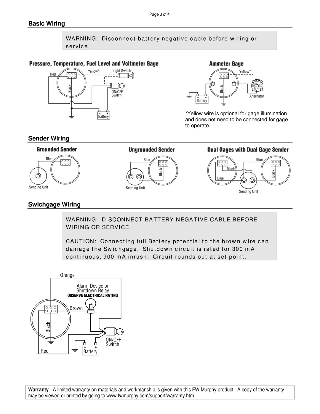 Murphy EG21, EGS21 Series specifications Basic Wiring, Sender Wiring Swichgage Wiring 