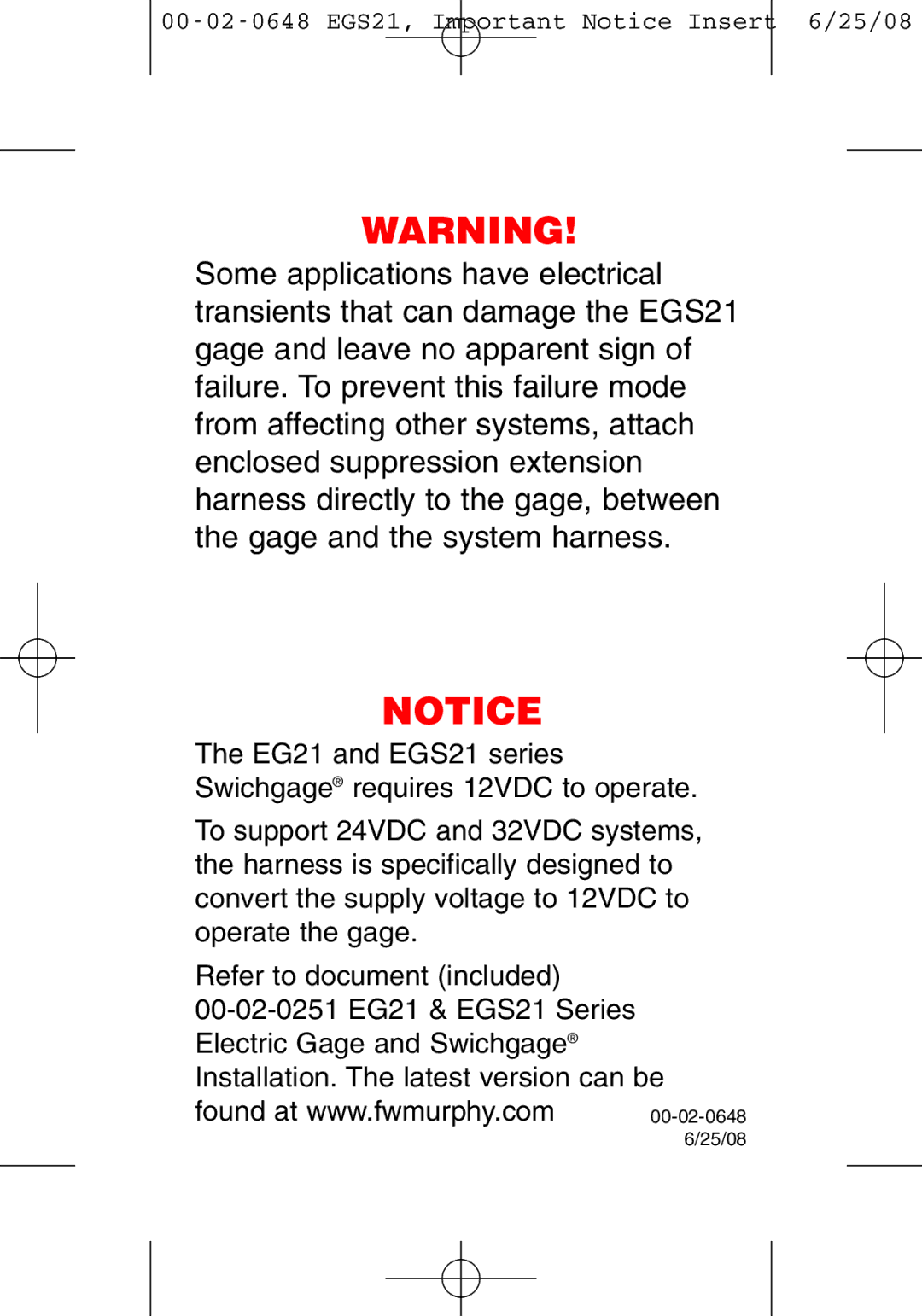 Murphy manual 00-02-0648 EGS21, Important Notice Insert 6/25/08 