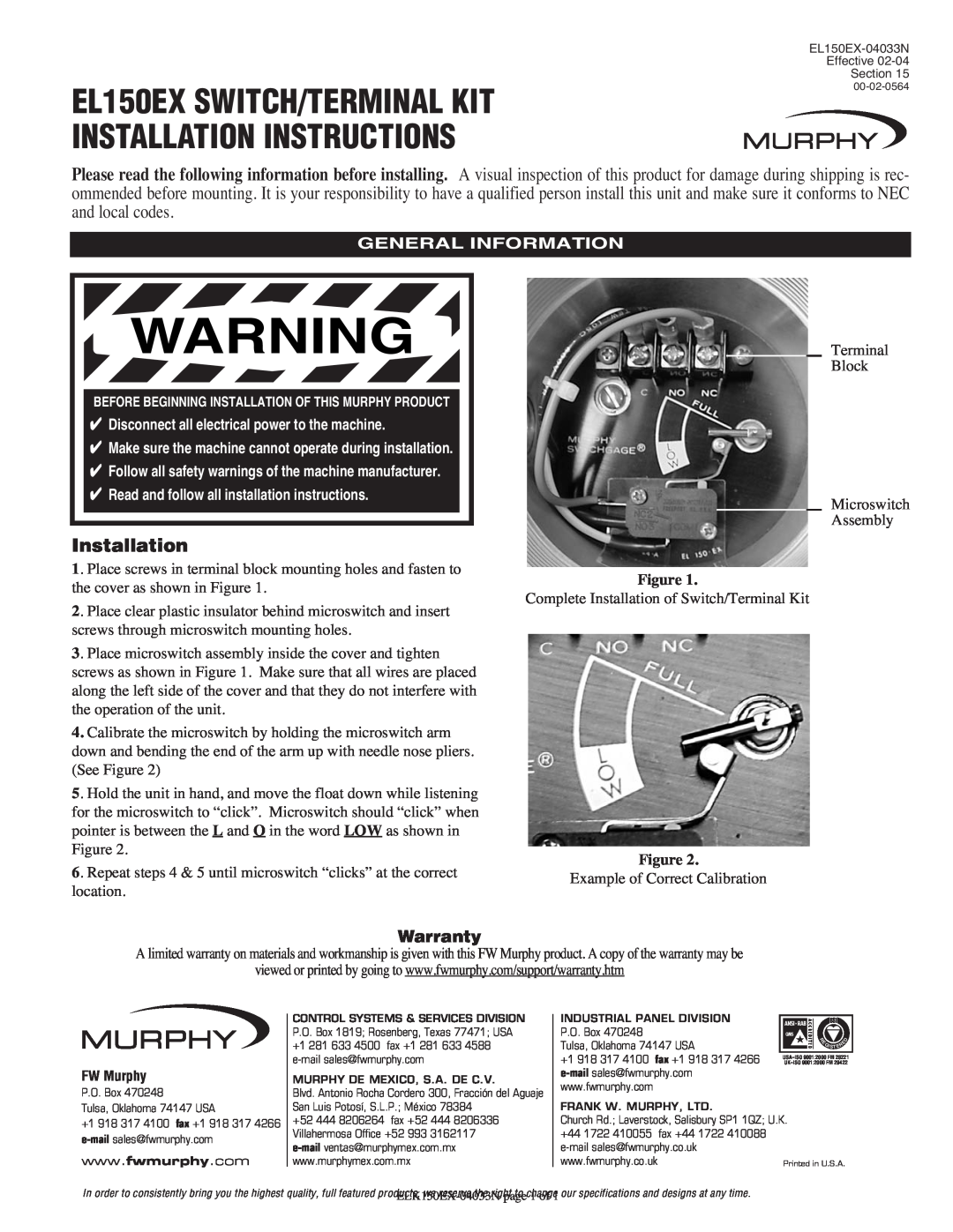 Murphy warranty EL150EX SWITCH/TERMINAL KIT INSTALLATION INSTRUCTIONS, Installation, Warranty, General Information 