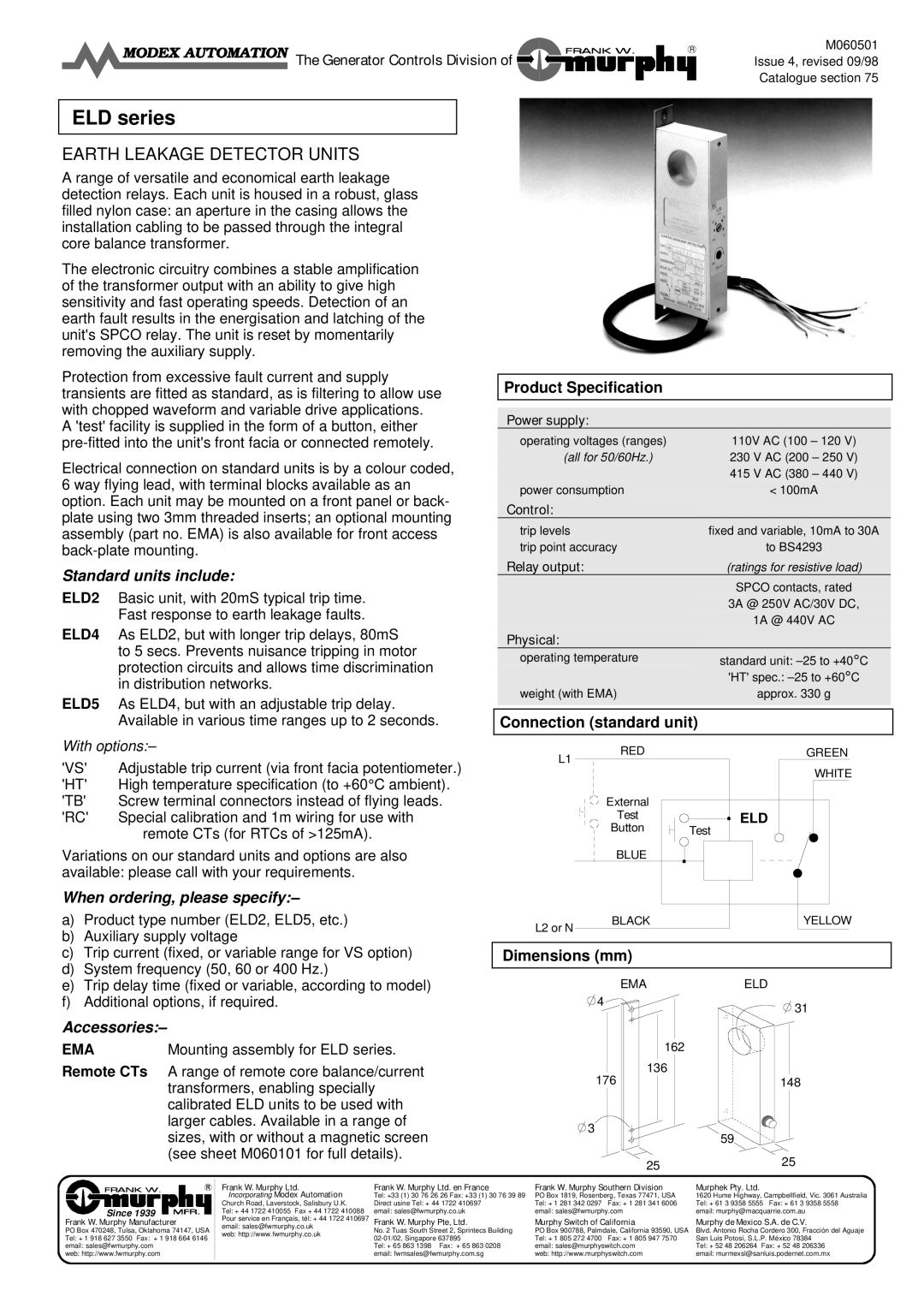 Murphy ELD4, ELD5, ELD2 dimensions Standard units include, When ordering, please specify, Accessories 