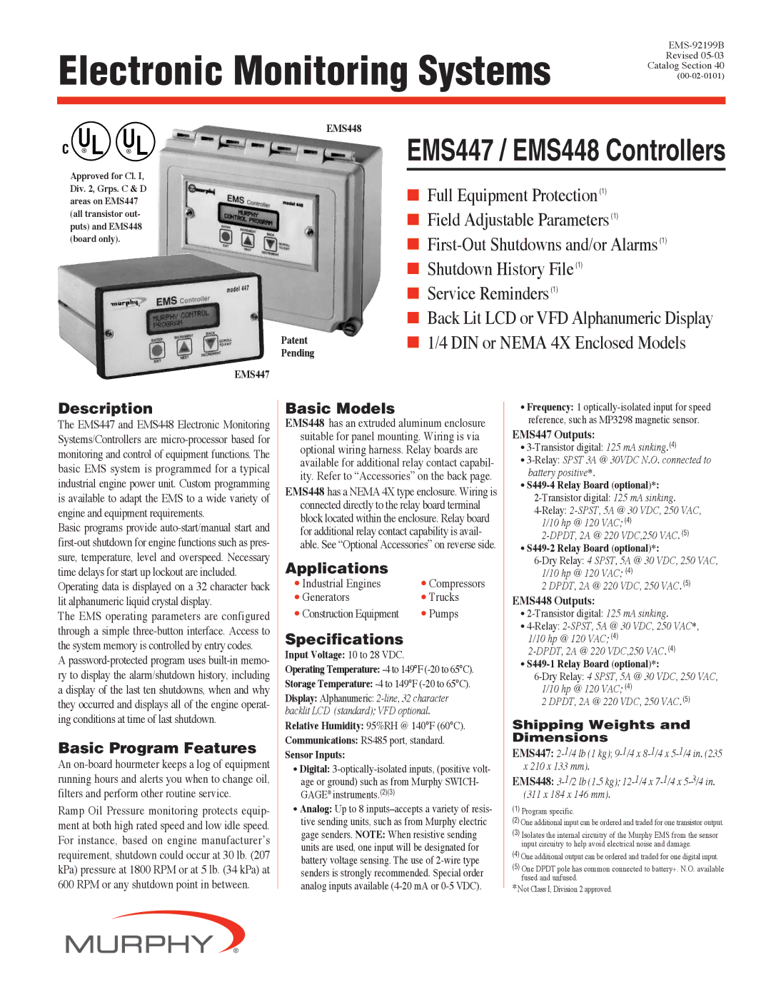 Murphy EMS447, EMS448 specifications Description, Basic Program Features, Basic Models, Applications, Specifications 