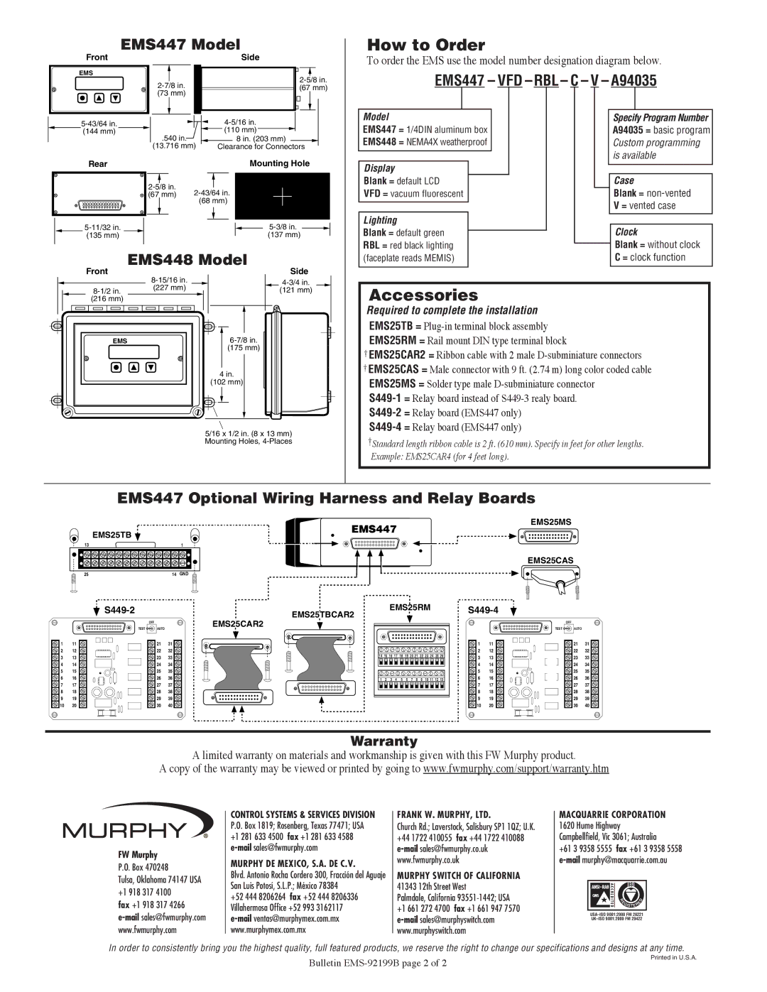 Murphy EMS447 Model, EMS447 VFD RBL C V A94035, EMS448 Model, EMS447 Optional Wiring Harness and Relay Boards 