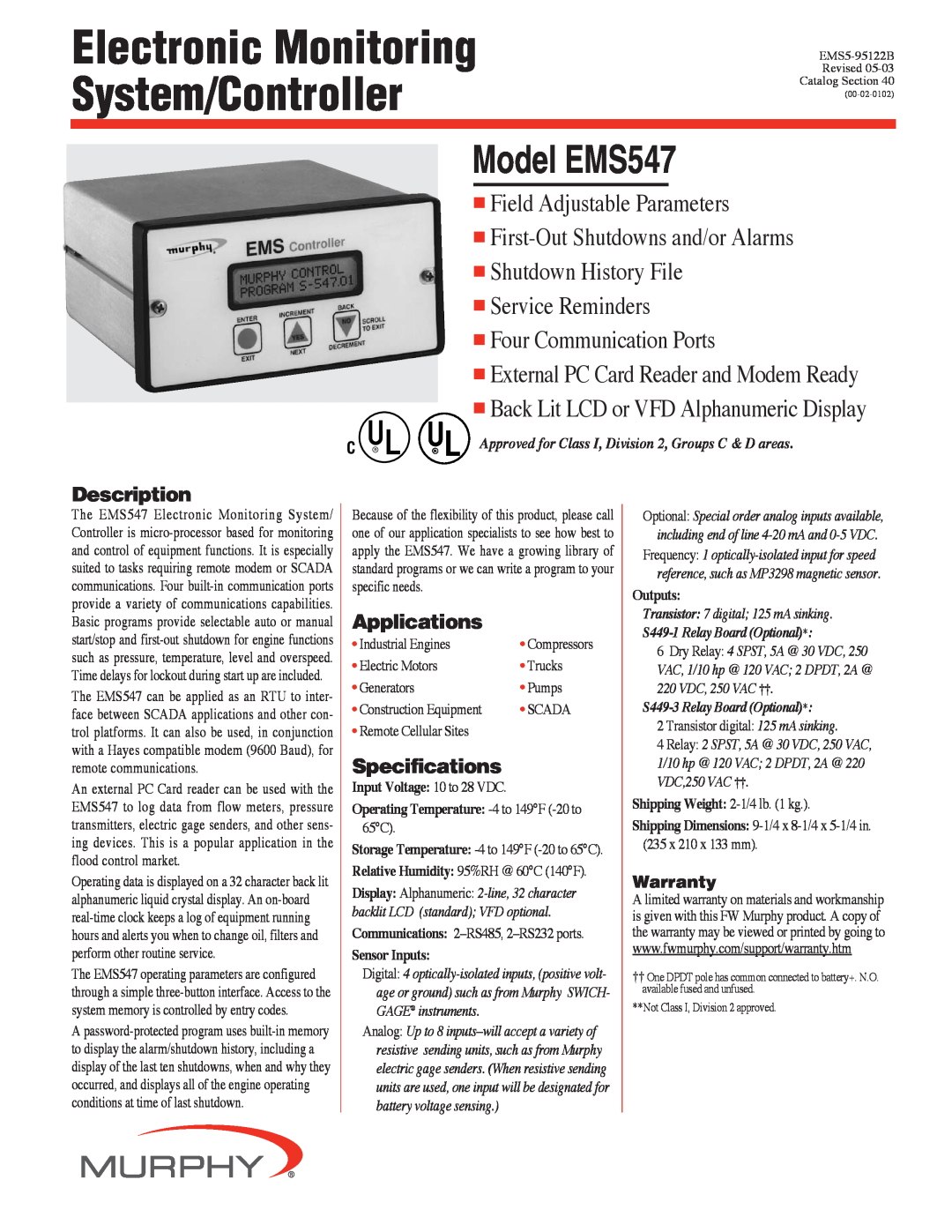 Murphy EMS547 specifications Description, Applications, Specifications, Electronic Monitoring System/Controller, Warranty 