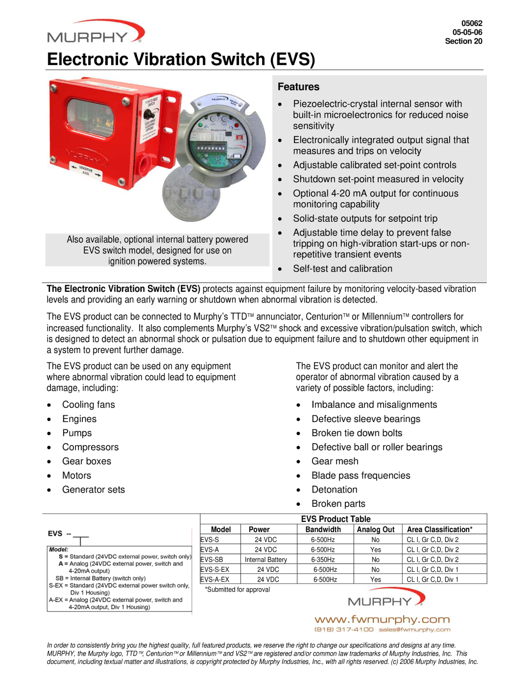 Murphy EVS-SB, EVS-S-EX, EVS-A-EX specifications Section, Model Power Bandwidth, Area Classification 