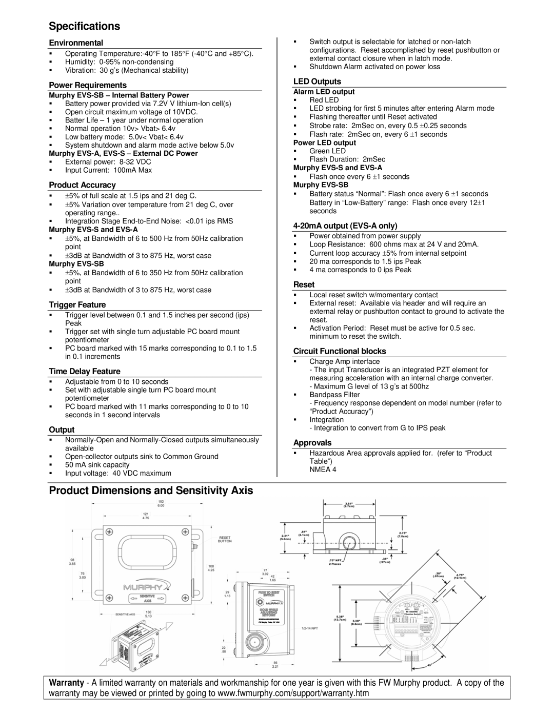 Murphy EVS-S Environmental, Power Requirements, Product Accuracy, Trigger Feature, Time Delay Feature, LED Outputs 