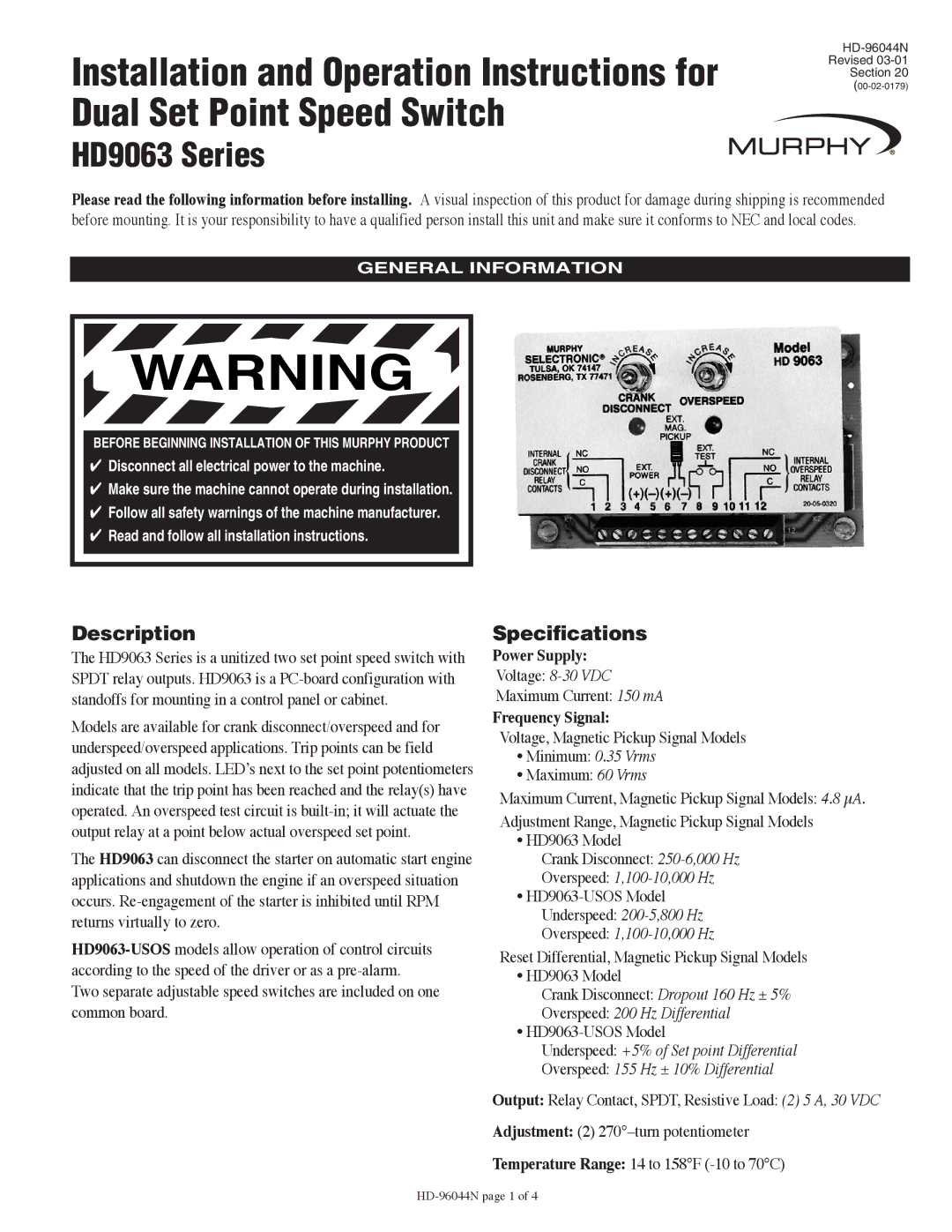 Murphy HD9063 Series specifications Description, Specifications, Power Supply, Frequency Signal 