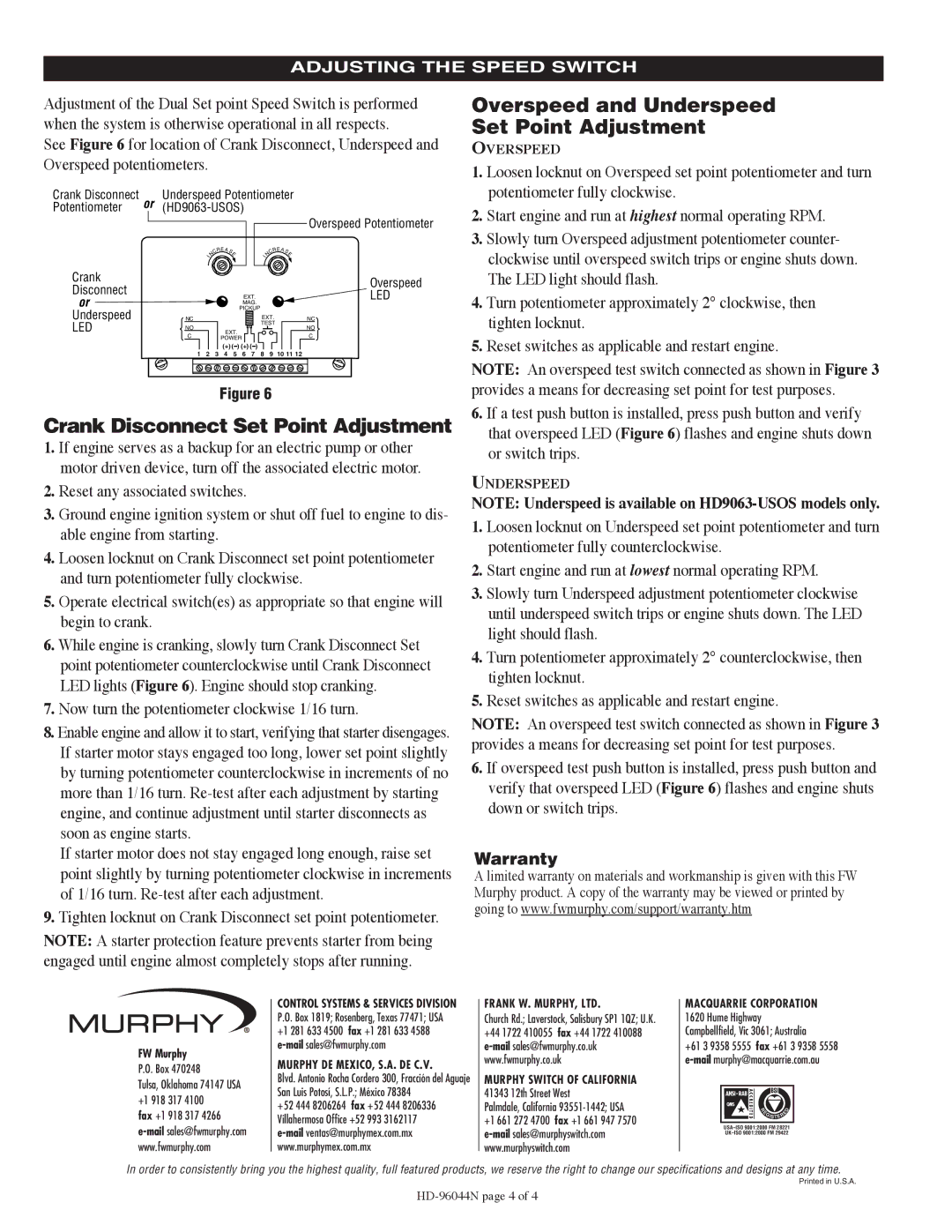 Murphy HD9063 Series Crank Disconnect Set Point Adjustment, Overspeed and Underspeed Set Point Adjustment, Warranty 