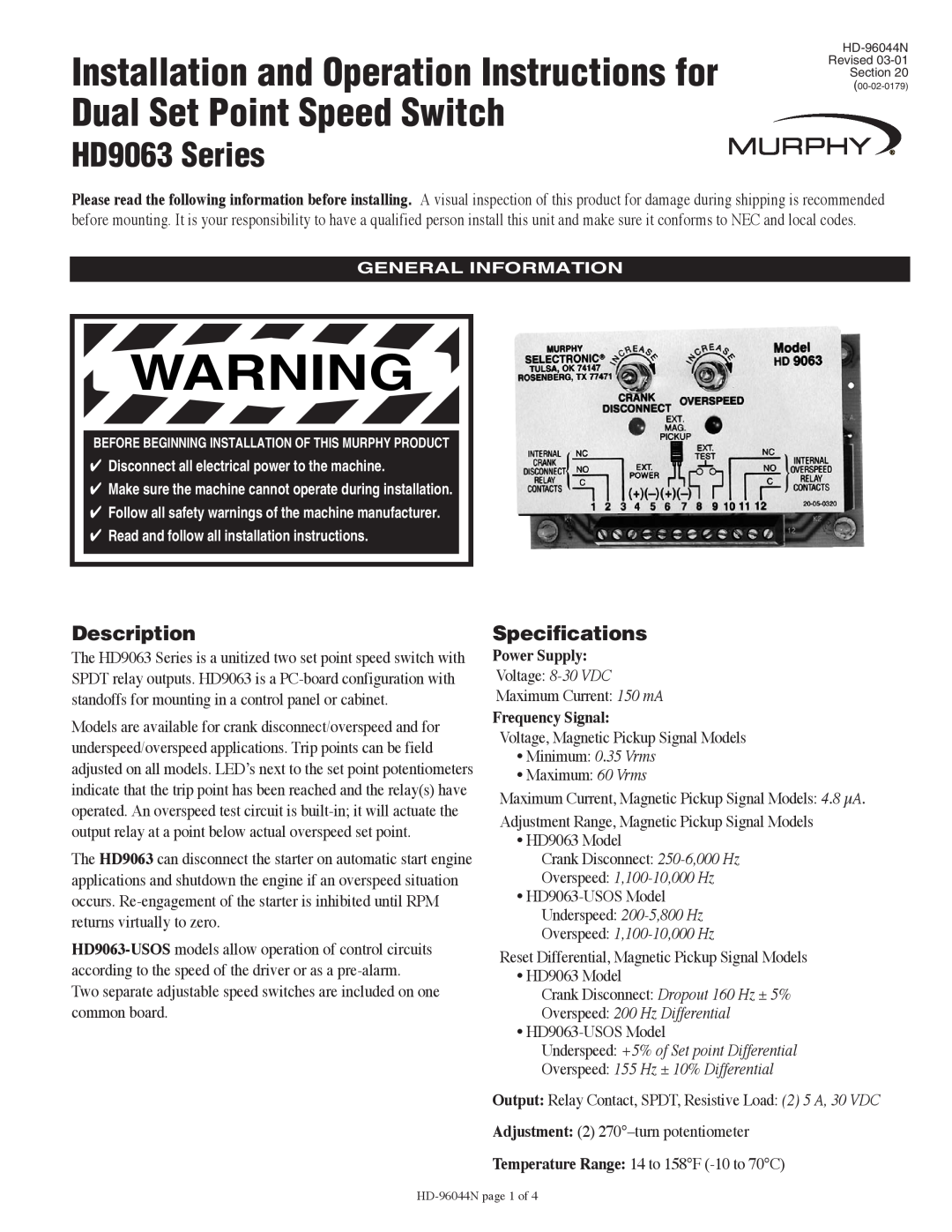 Murphy HD9063 Series specifications Description, Specifications, Power Supply, Frequency Signal, Overspeed 1,100-10,000 Hz 