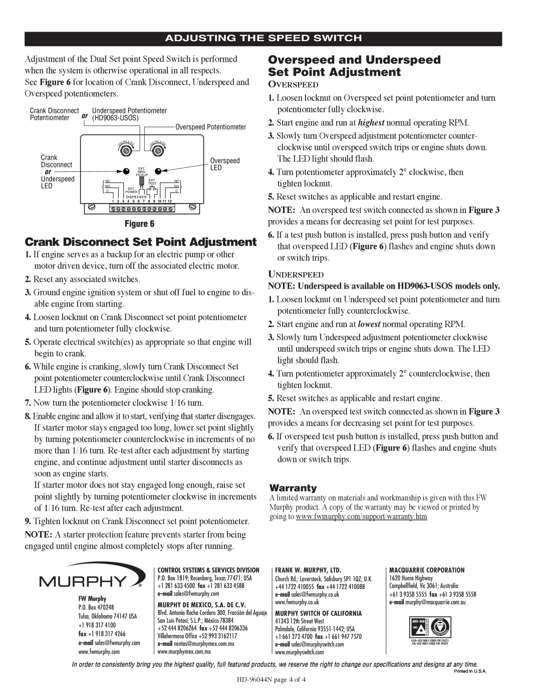 Murphy HD9063 Series Crank Disconnect Set Point Adjustment, Overspeed and Underspeed Set Point Adjustment, Warranty 