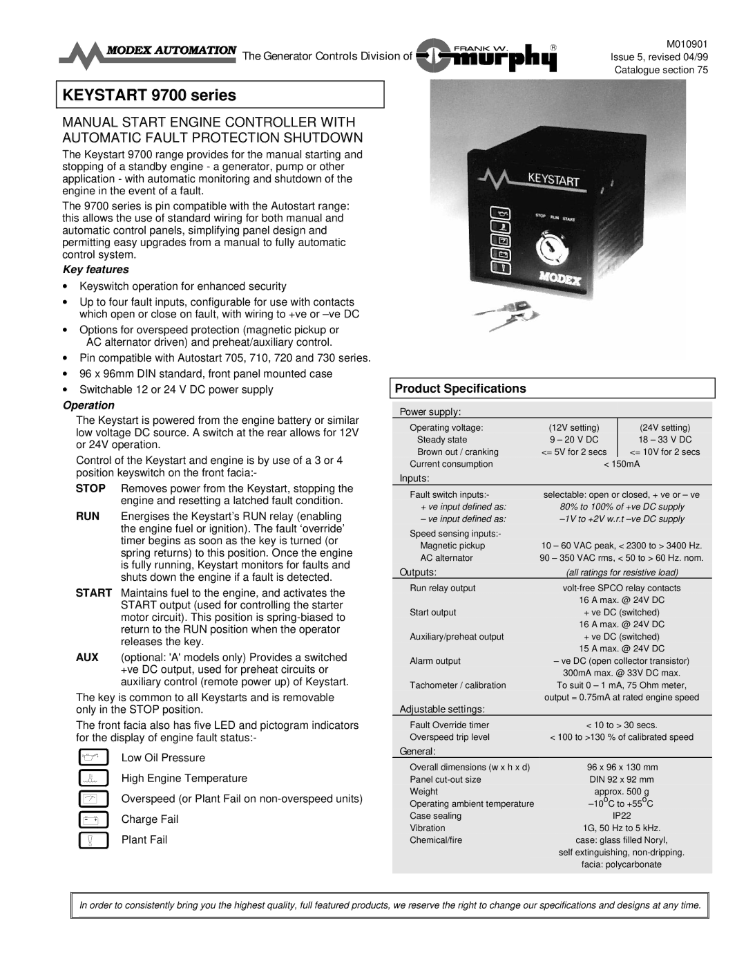 Murphy Keystart 9700 specifications Power supply, Inputs, Outputs, Adjustable settings, General 