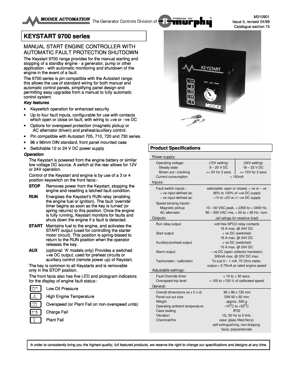 Murphy Keystart 9700 specifications M010901, Product Specifications, KEYSTART 9700 series, Key features, Operation, Inputs 