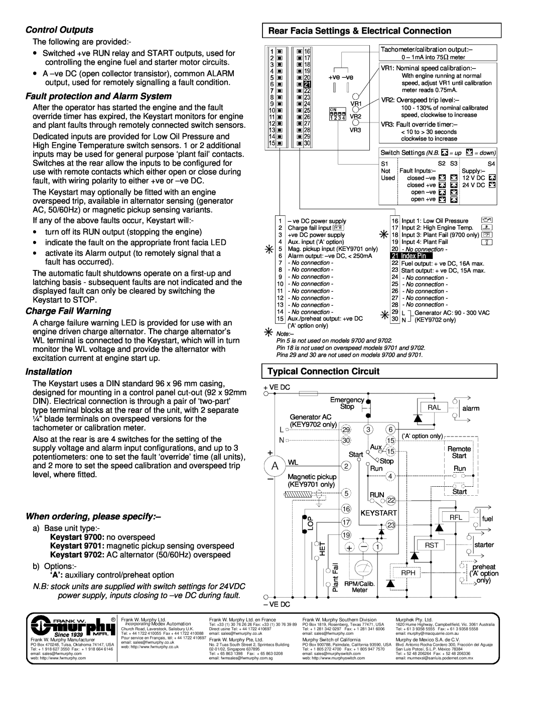 Murphy Keystart 9700 Rear Facia Settings & Electrical Connection, +ve -ve, Typical Connection Circuit, Control Outputs 