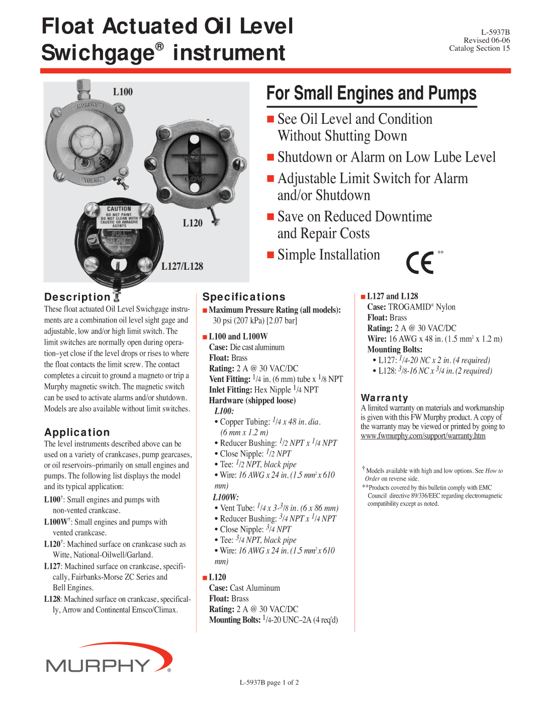 Murphy L-5937B specifications Description, Application, Specifications 