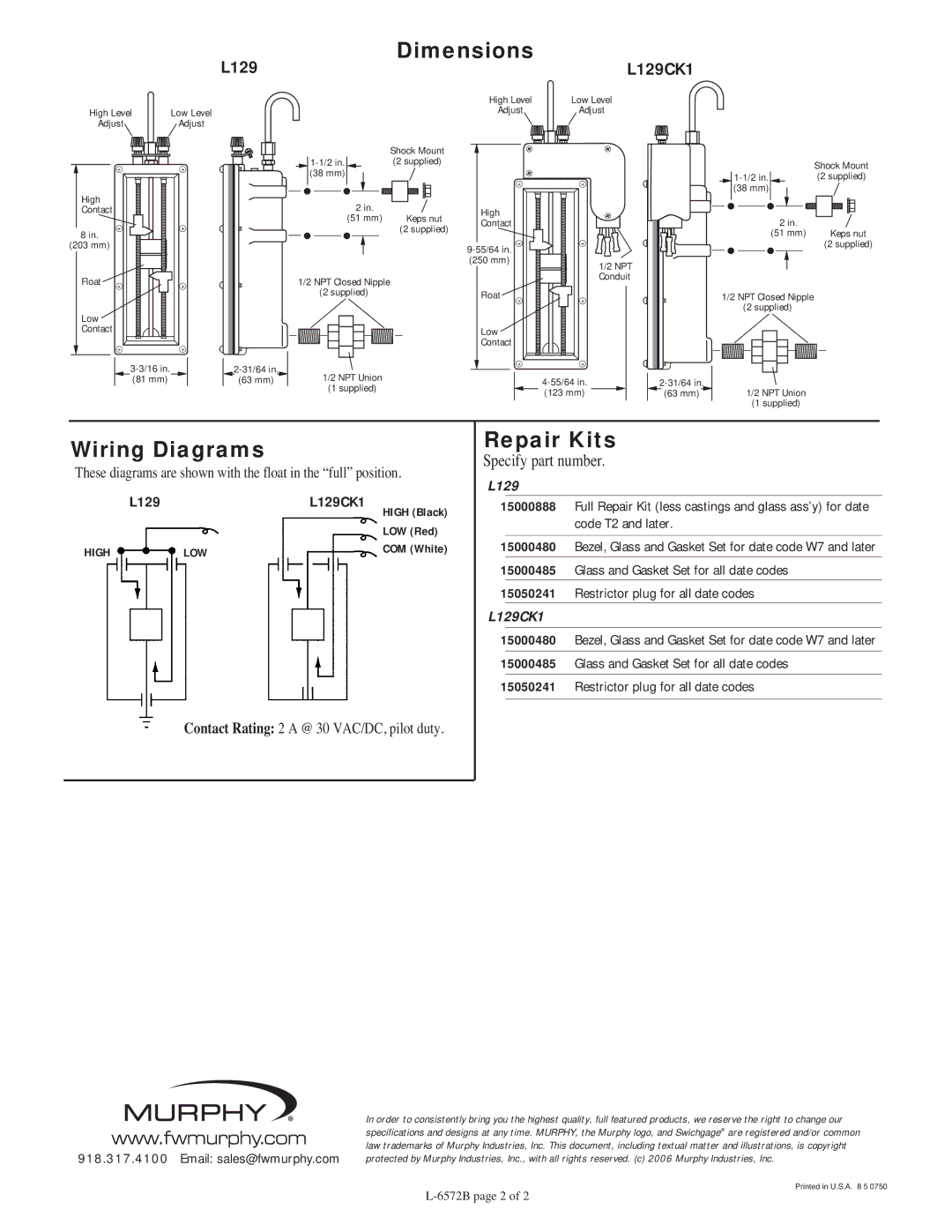 Murphy L129 Series specifications Dimensions, Wiring Diagrams, Repair Kits 