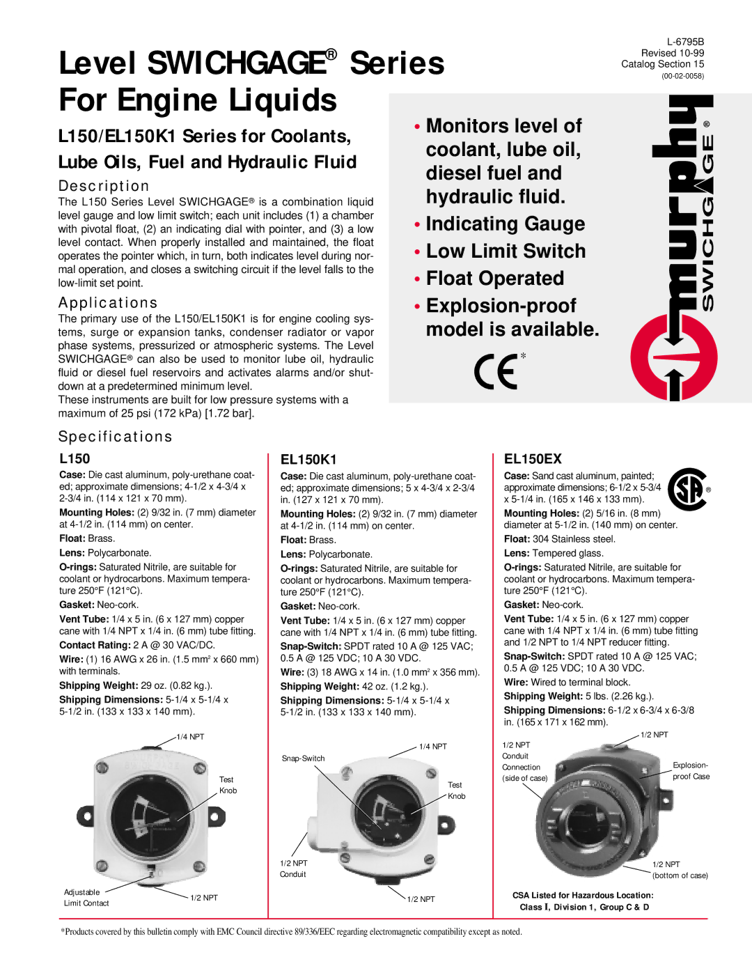 Murphy L150 specifications Description, Applications, Specifications 