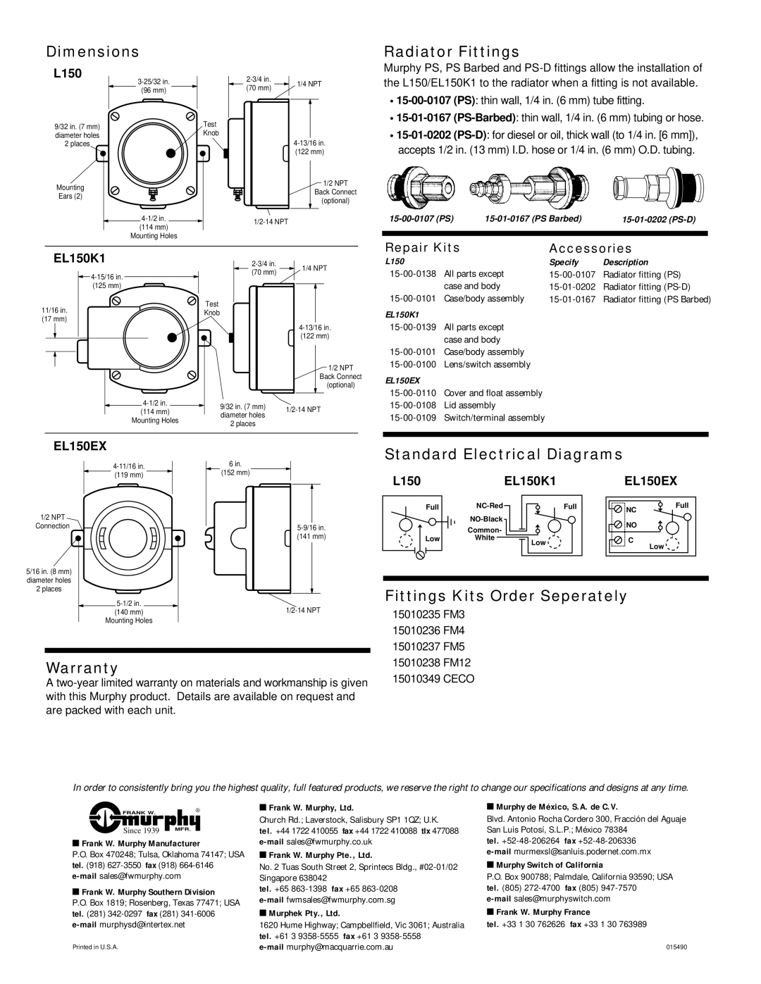 Murphy L150 Dimensions Radiator Fittings, Standard Electrical Diagrams, Fittings Kits Order Seperately, Warranty 