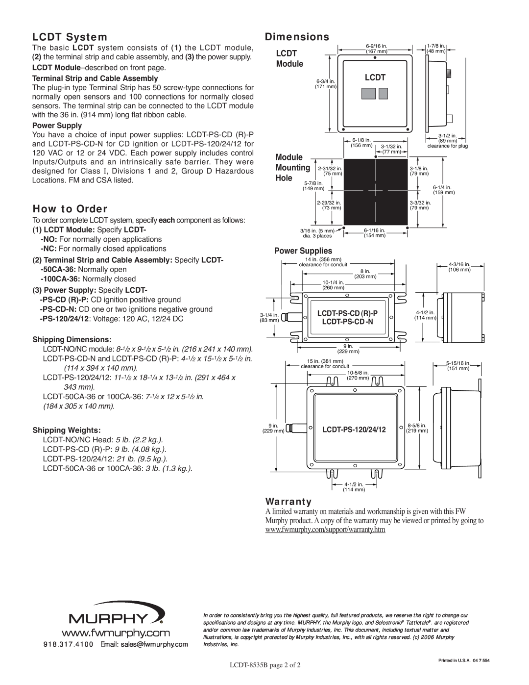 Murphy LCDT-8535B LCDT System, Dimensions, How to Order, LCDT-NO/NC module 8-1/2 x 9-1/2 x 5-1/2 in. 216 x 241 x 140 mm 