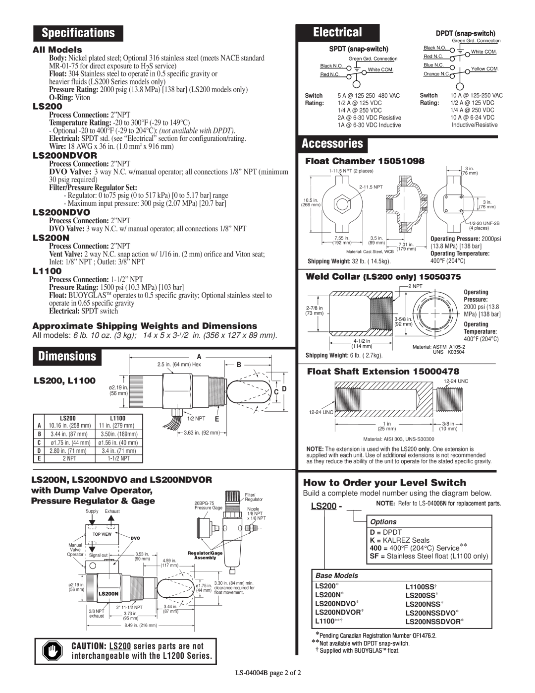 Murphy LS200 Series How to Order your Level Switch, Specifications, Electrical, Accessories, Dimensions, O-Ring Viton 