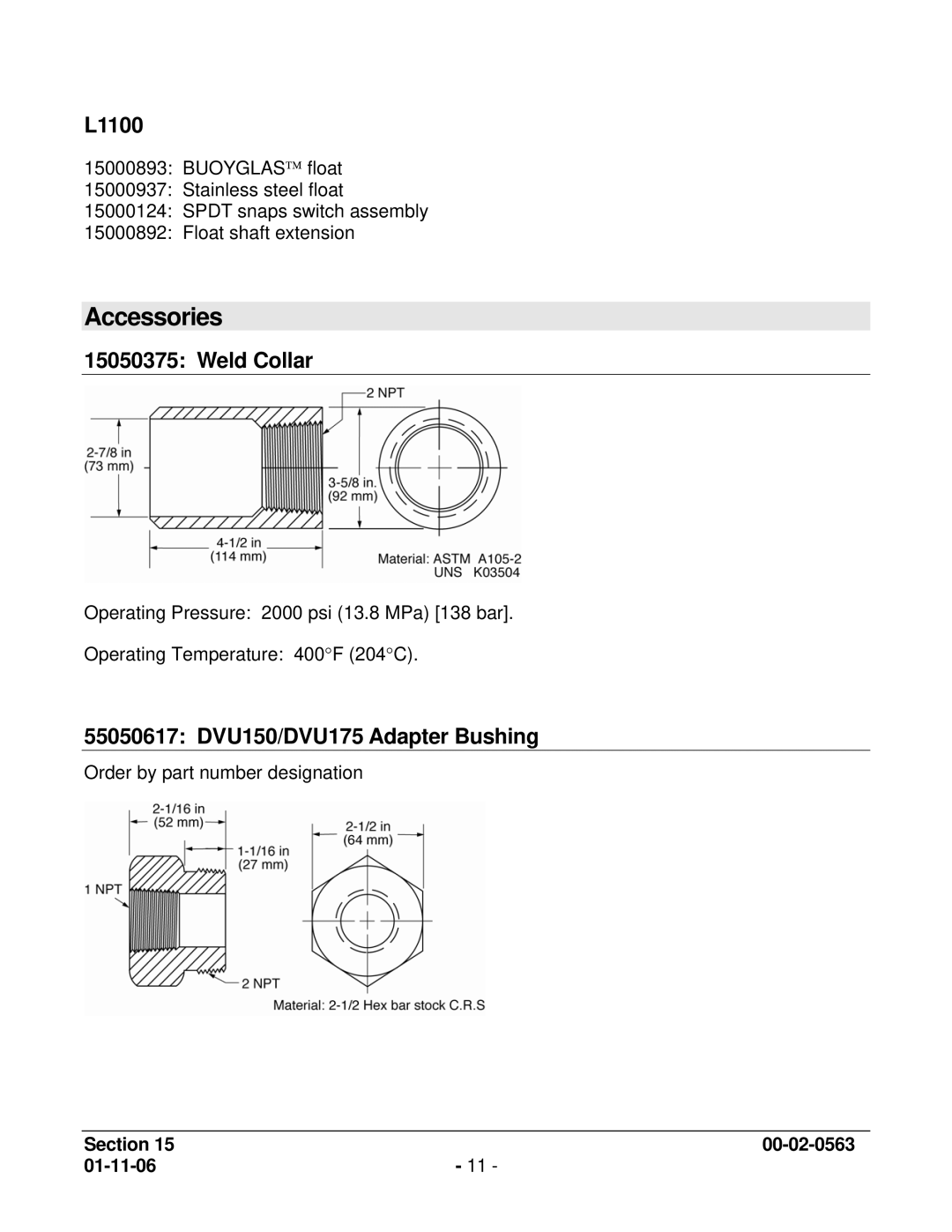 Murphy LS200N manual Accessories, L1100, Weld Collar, 55050617 DVU150/DVU175 Adapter Bushing 