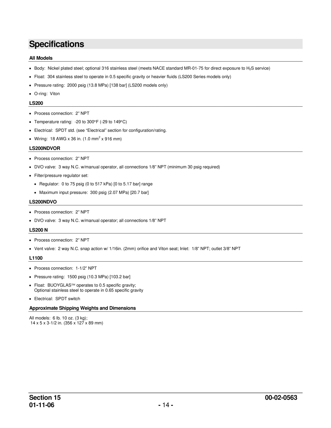 Murphy LS200N, L1100 manual Specifications, All Models 