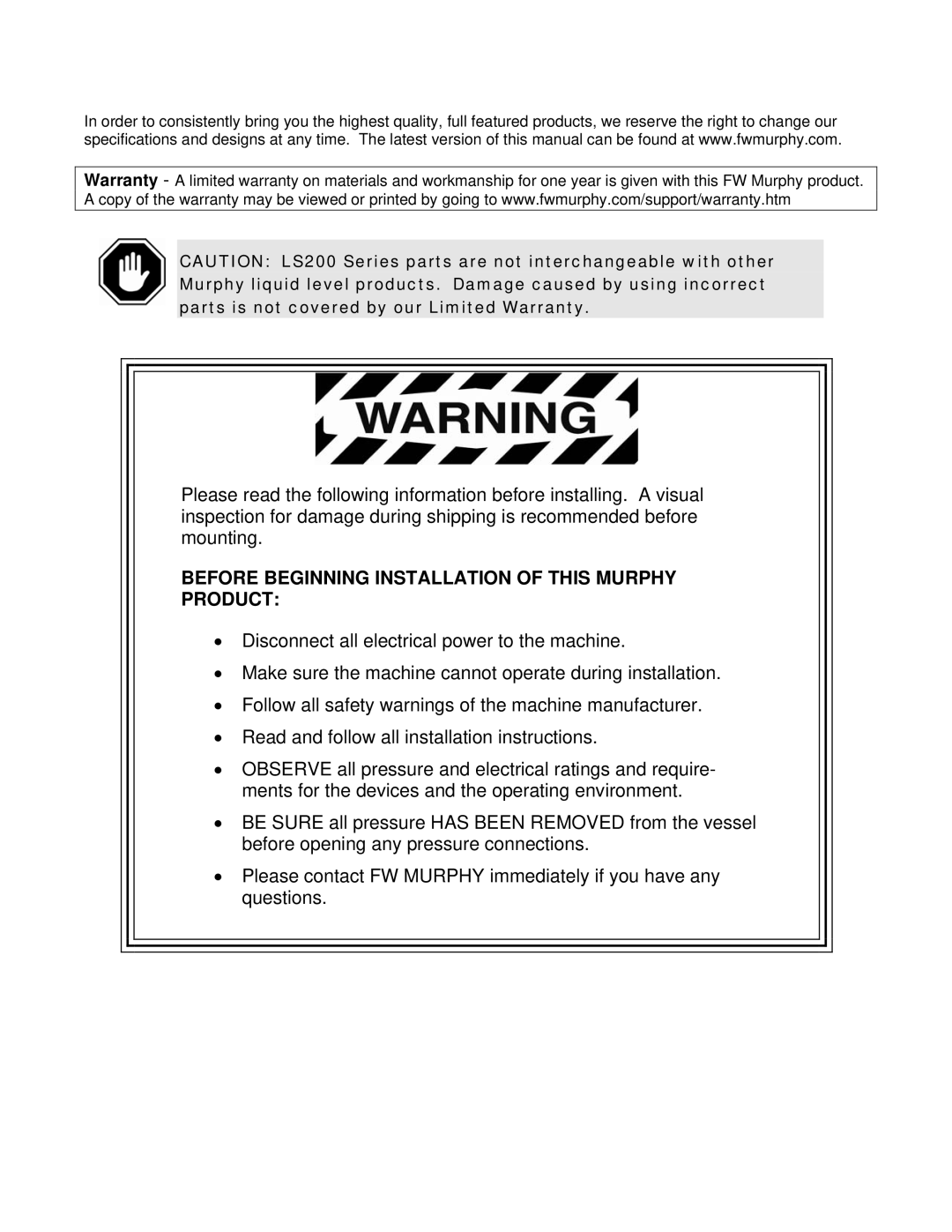 Murphy L1100, LS200N manual Before Beginning Installation of this Murphy Product 