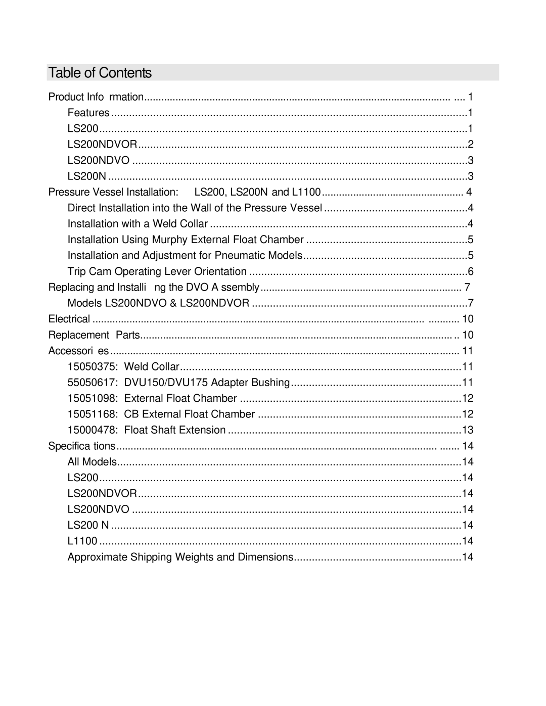 Murphy LS200N, L1100 manual Table of Contents 