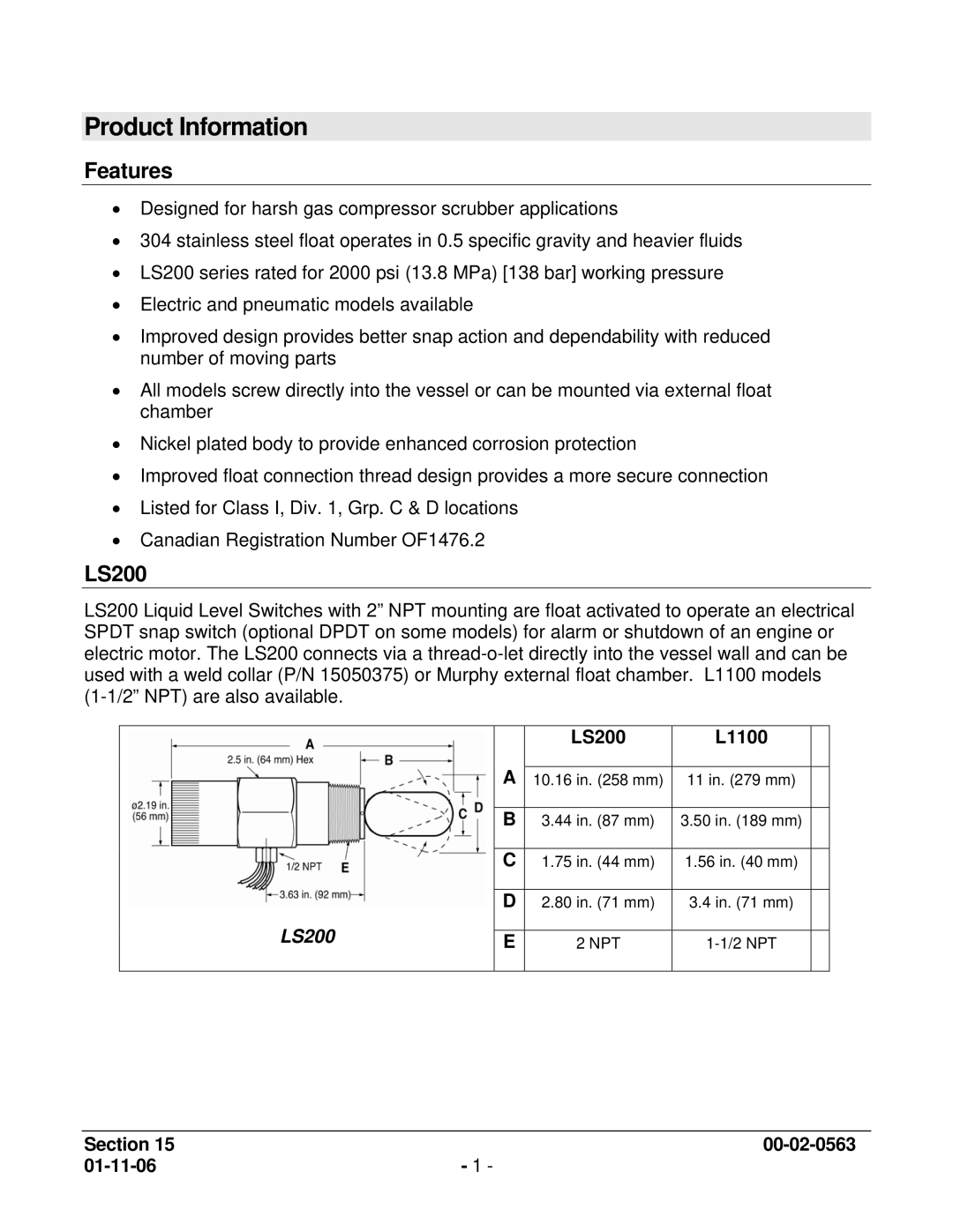 Murphy L1100, LS200N manual Product Information, Features 