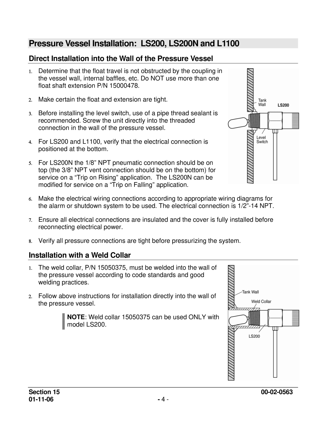 Murphy Pressure Vessel Installation LS200, LS200N and L1100, Direct Installation into the Wall of the Pressure Vessel 