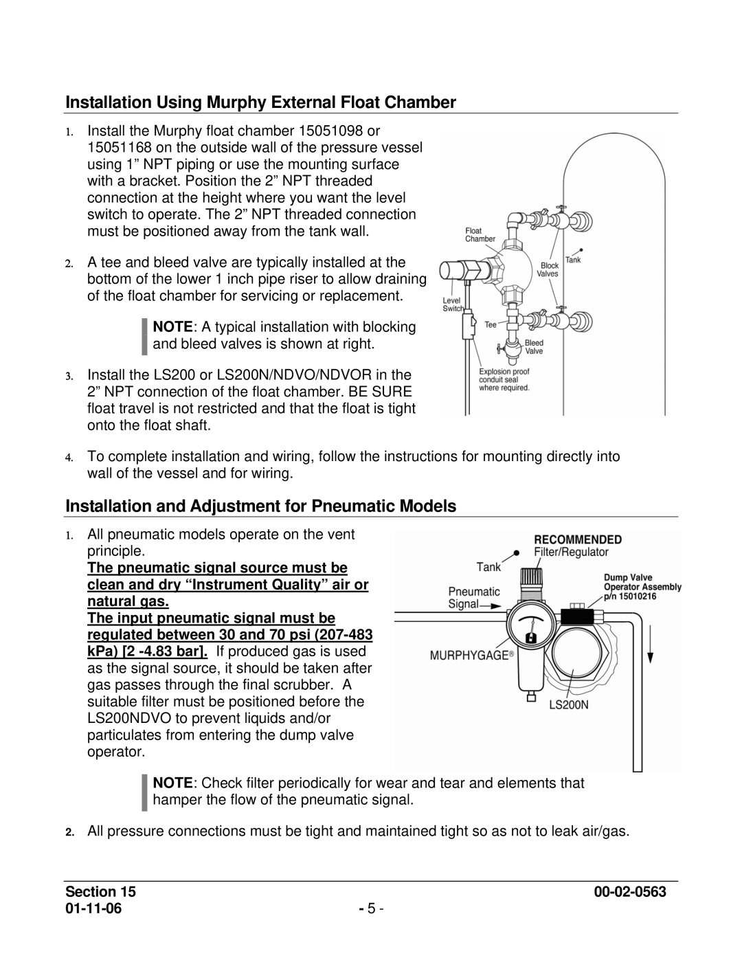 Murphy LS200N, L1100 Installation Using Murphy External Float Chamber, Installation and Adjustment for Pneumatic Models 