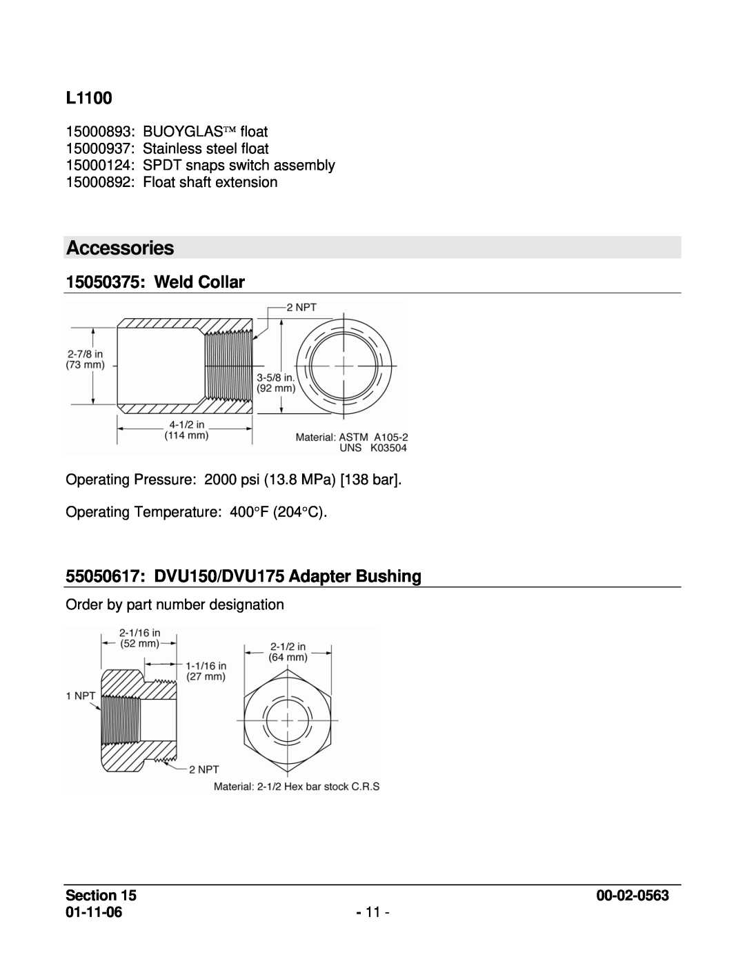 Murphy LS200N manual Accessories, L1100, Weld Collar, 55050617 DVU150/DVU175 Adapter Bushing, Section, 00-02-0563, 01-11-06 