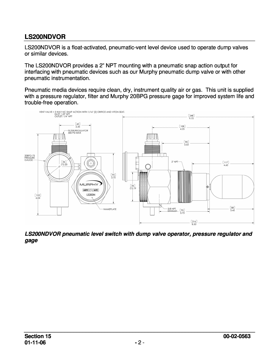 Murphy L1100 manual LS200NDVOR, Section, 00-02-0563, 01-11-06 