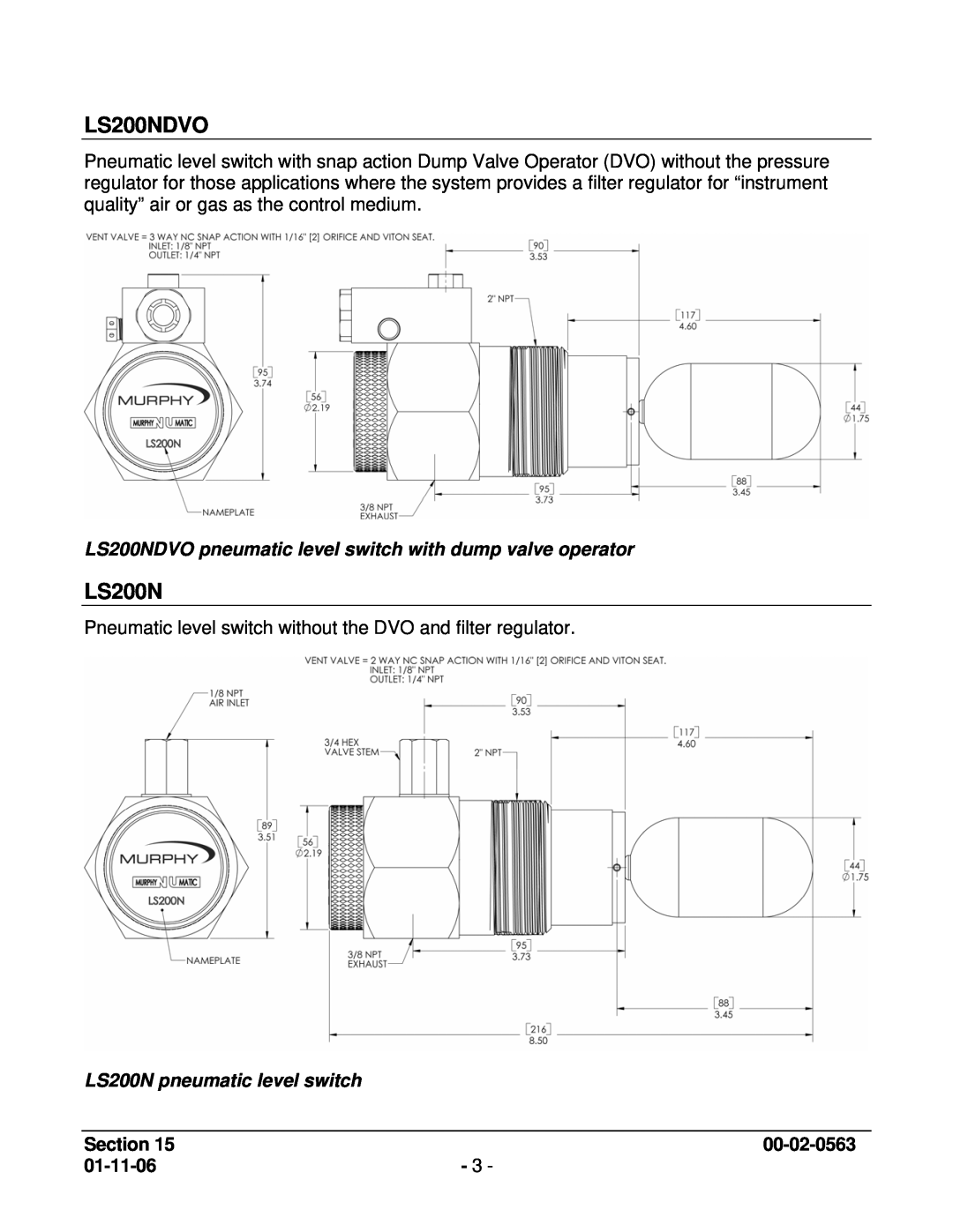 Murphy LS200NDVO pneumatic level switch with dump valve operator, LS200N pneumatic level switch, Section, 01-11-06 