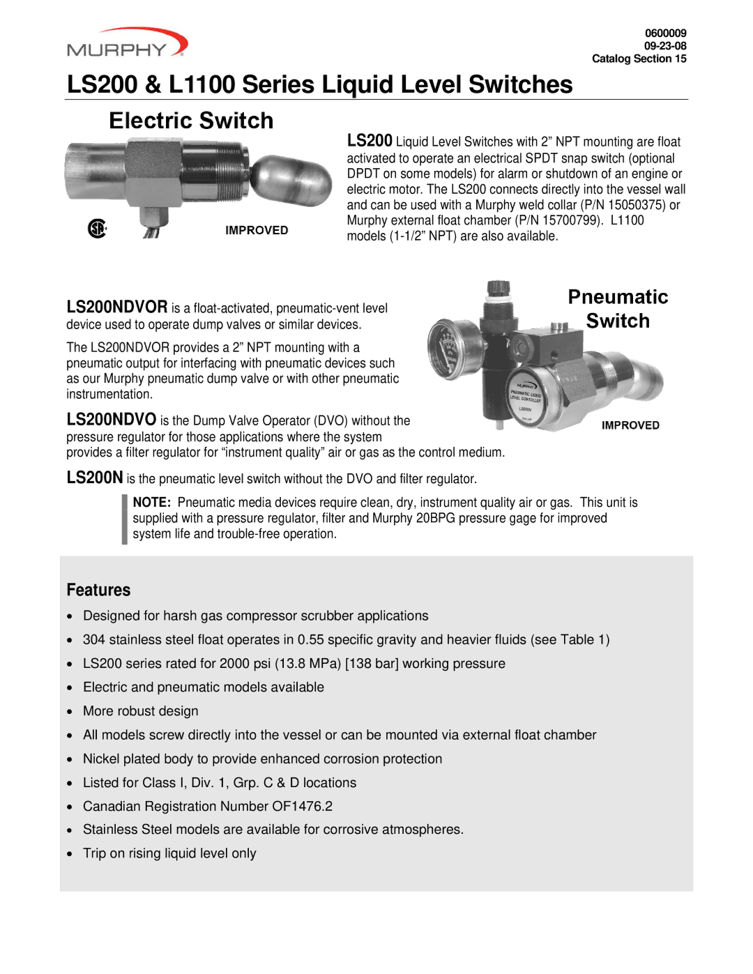 Murphy LS200NDVOR manual LS200 & L1100 Series Liquid Level Switches 