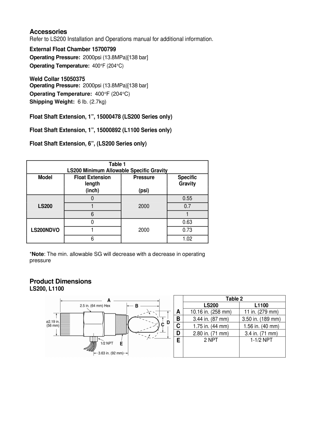 Murphy LS200NDVOR manual Accessories, Product Dimensions, External Float Chamber, Weld Collar, LS200, L1100 