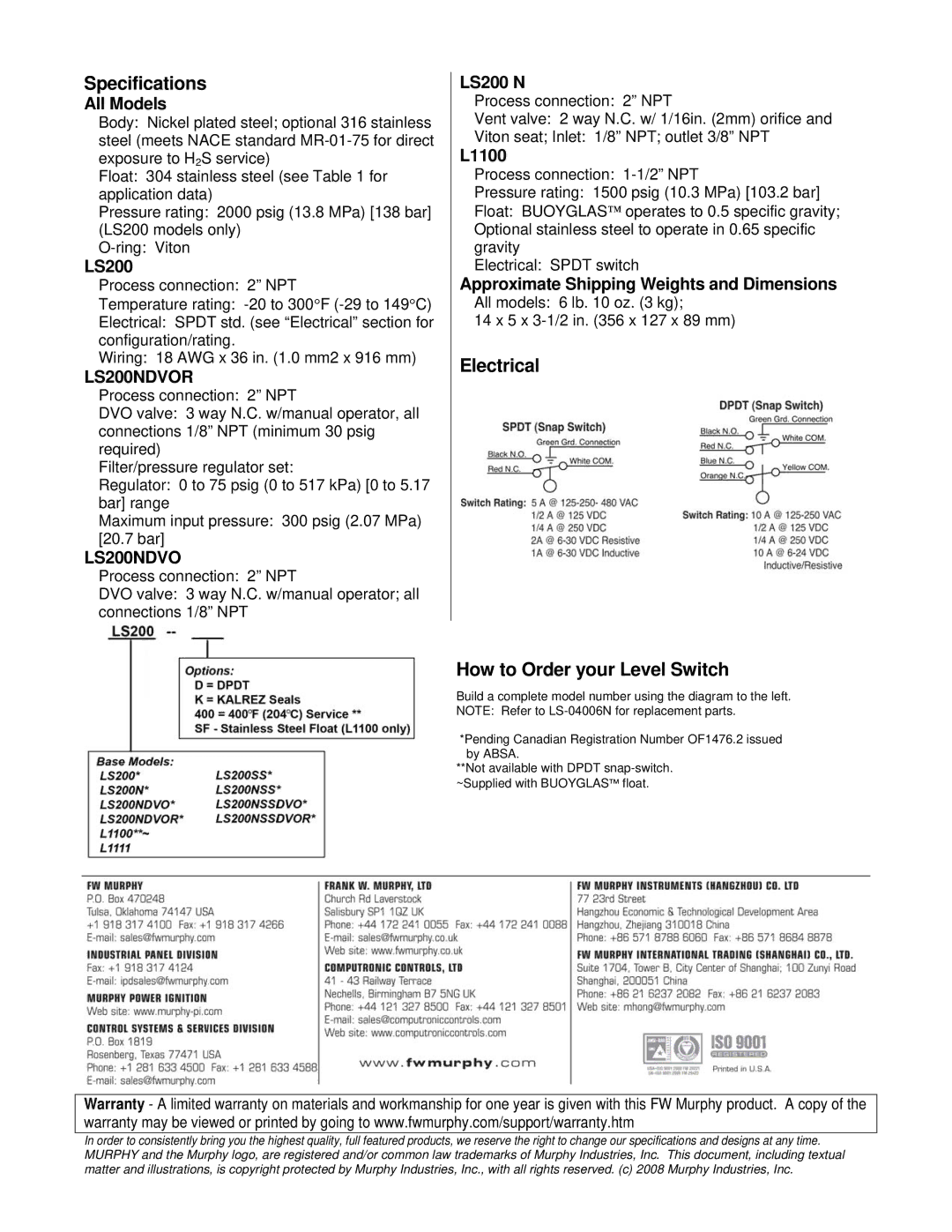 Murphy LS200NDVOR manual Specifications, Electrical How to Order your Level Switch 