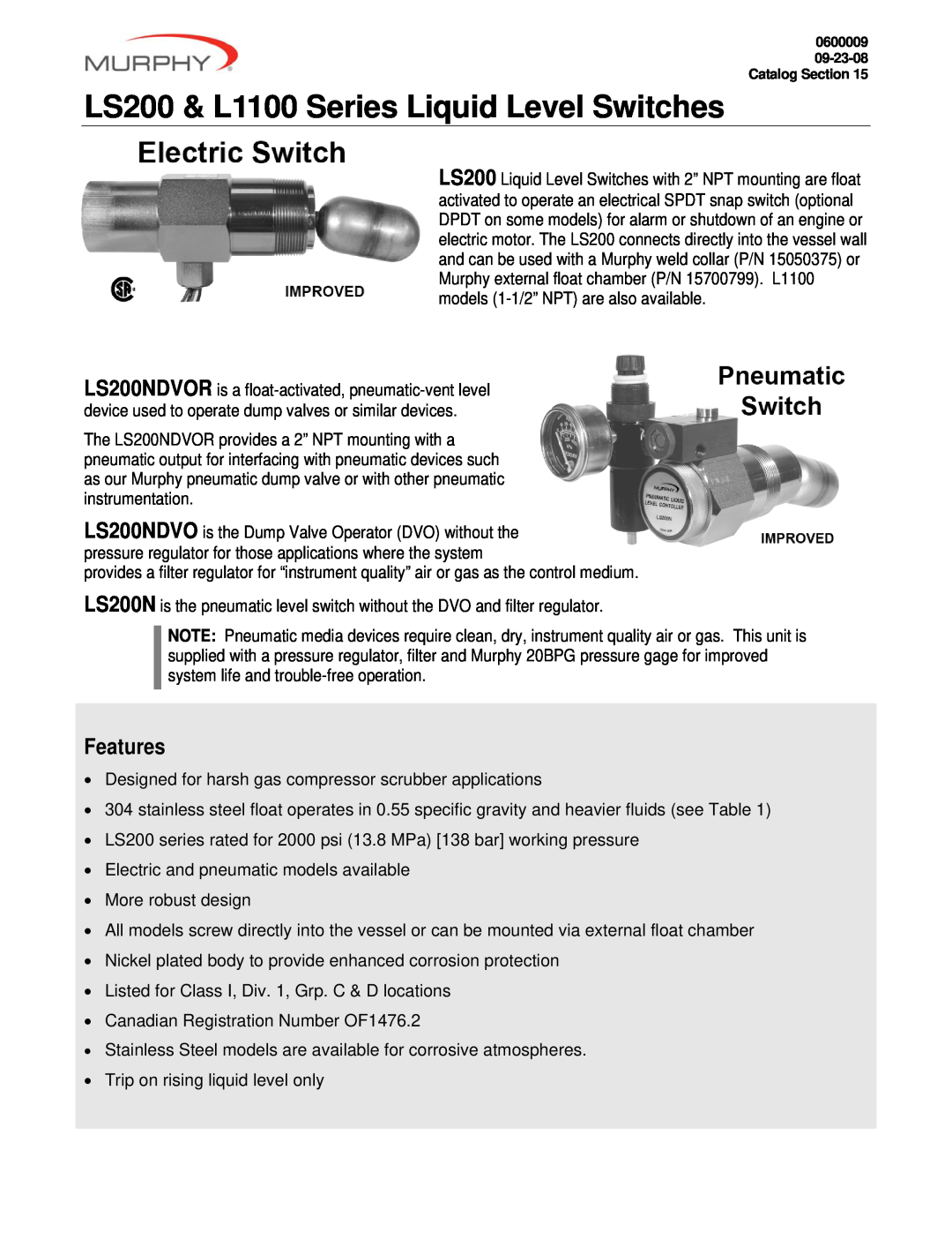 Murphy LS200NDVOR manual LS200 & L1100 Series Liquid Level Switches, Features 