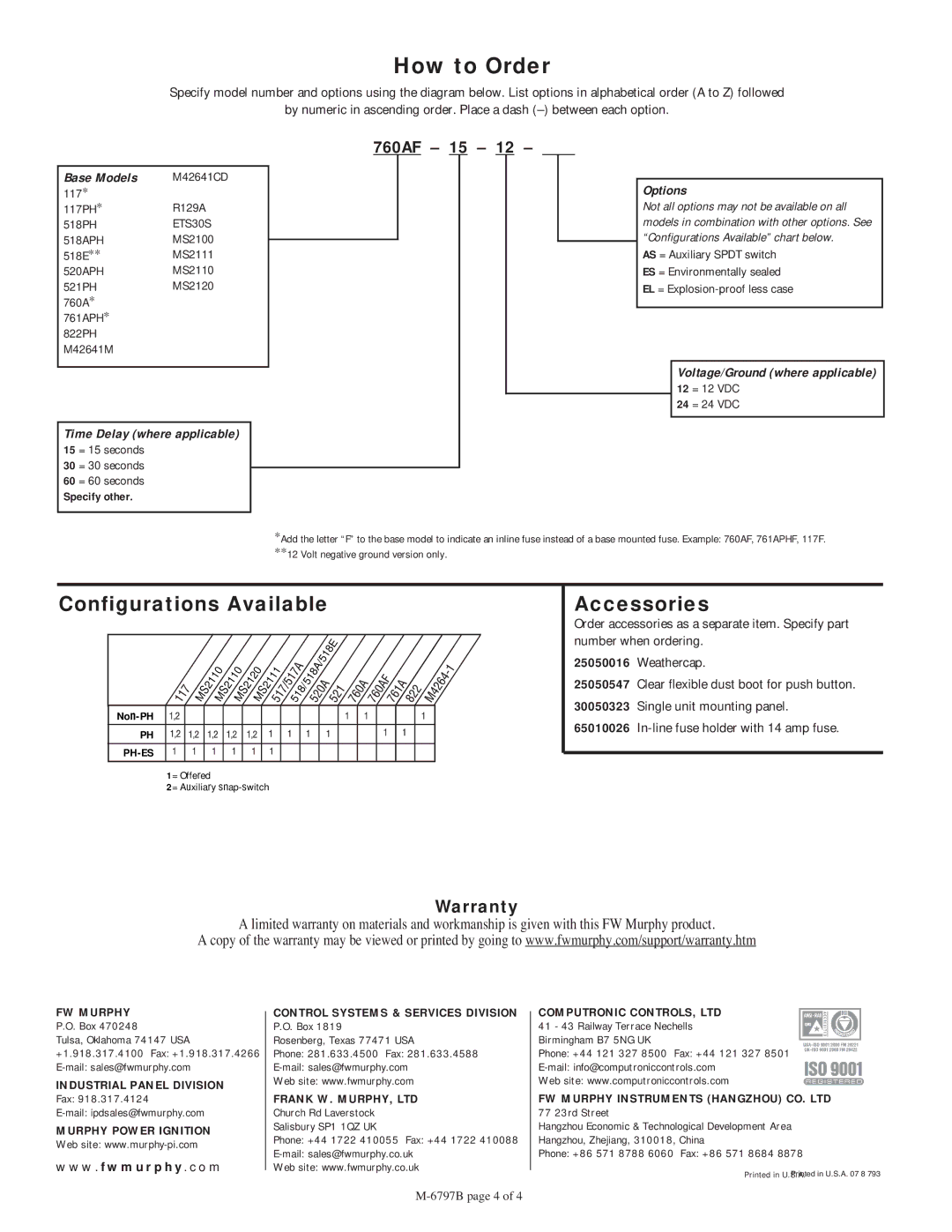 Murphy M-6797B manual Configurations Available, Accessories, M42641CD 117 R129A 117PH 518PH, 12 = 12 VDC 24 = 24 VDC 