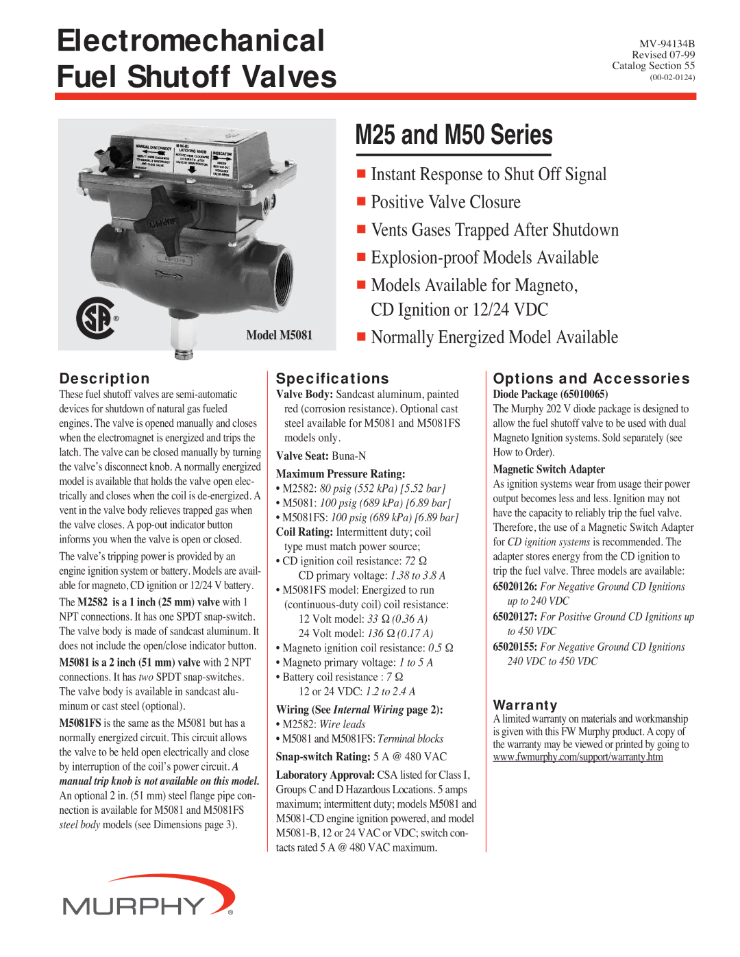 Murphy M25, M50 specifications Description, Specifications, Options and Accessories 