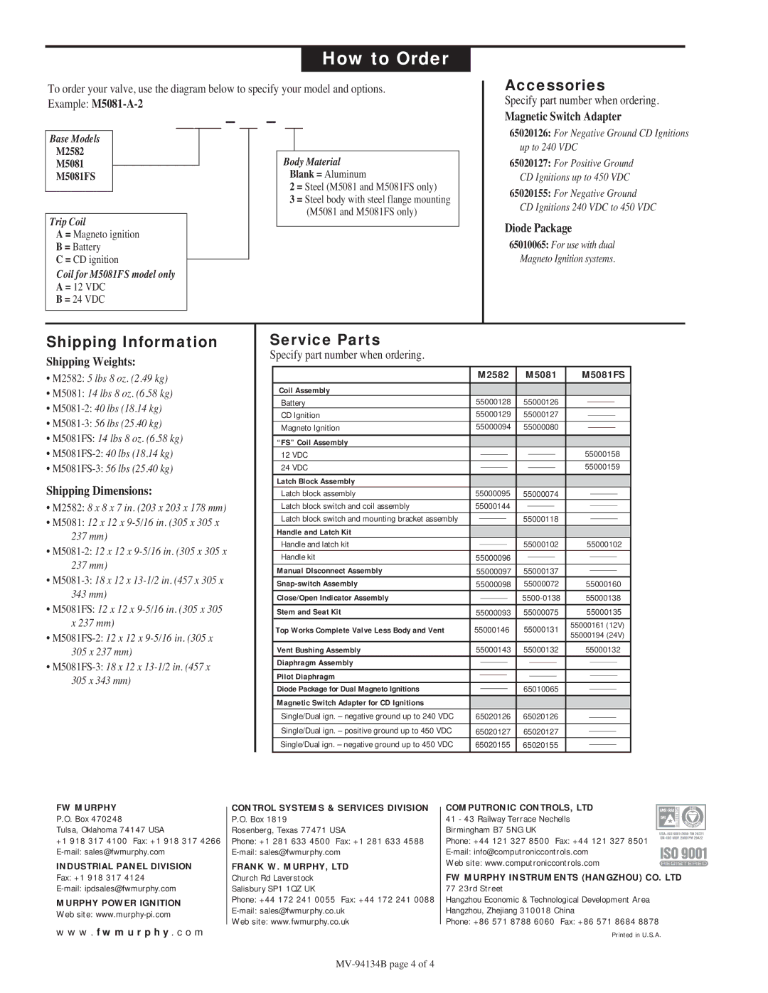 Murphy M50, M25 specifications How to Order, Accessories, Shipping Information, Service Parts 