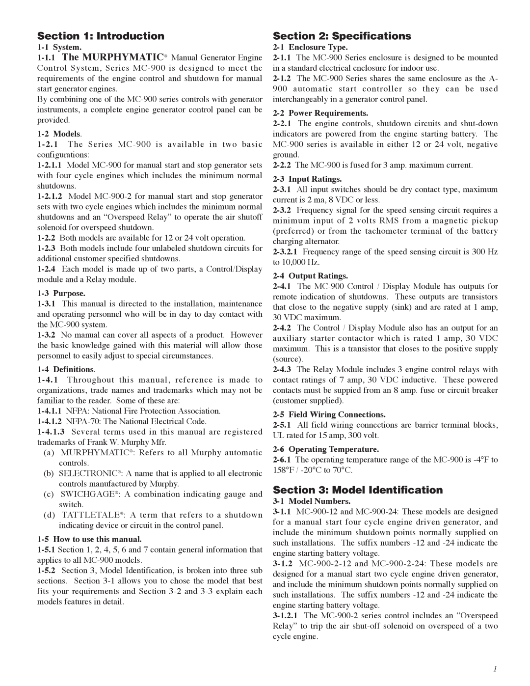 Murphy MC-900 Series manual Introduction, Specifications, Model Identification 