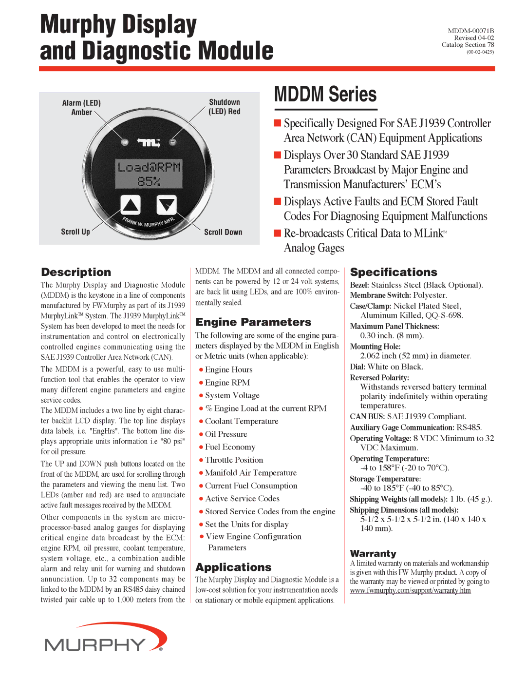 Murphy MDDM specifications Description, Engine Parameters, Applications, Specifications 