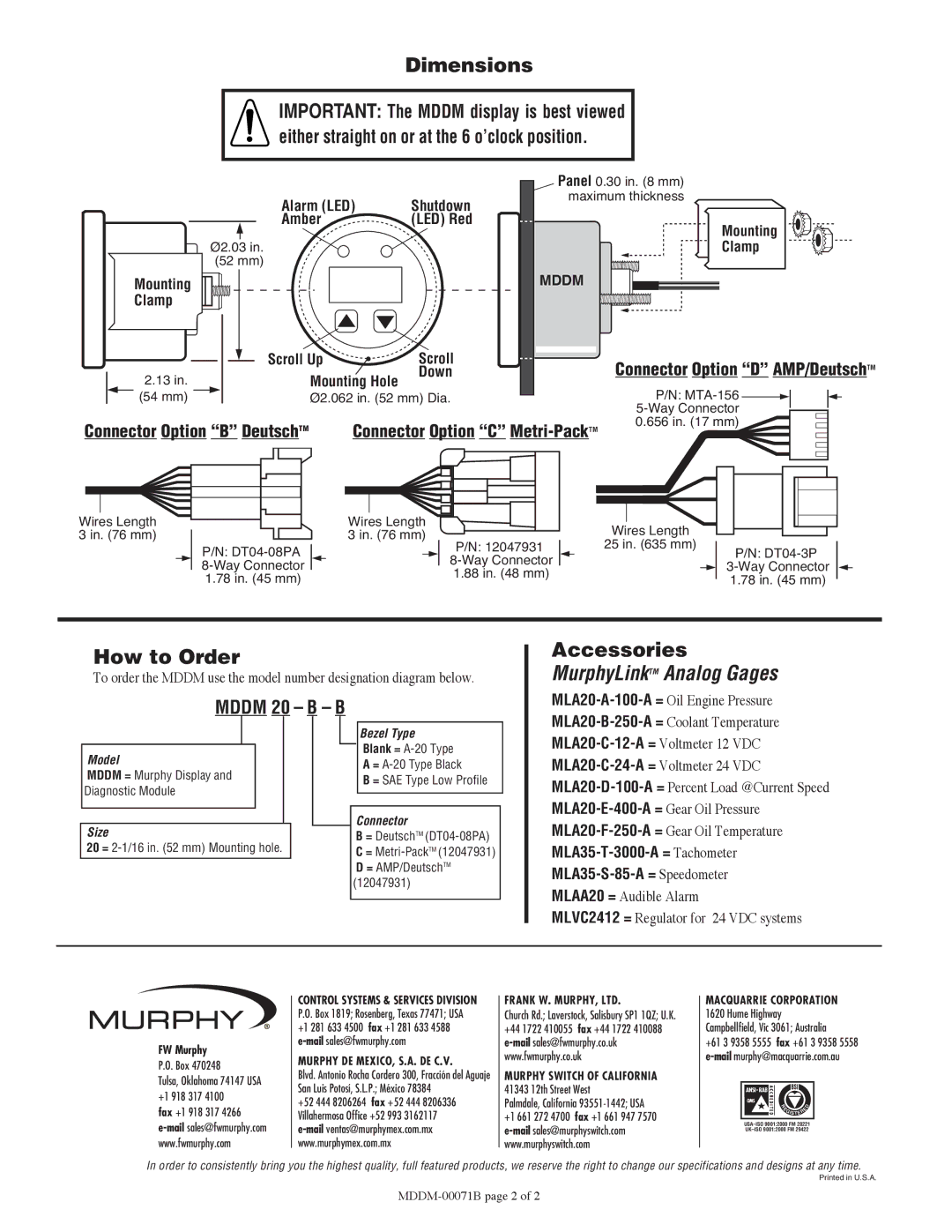 Murphy MDDM specifications Dimensions, How to Order, Accessories 