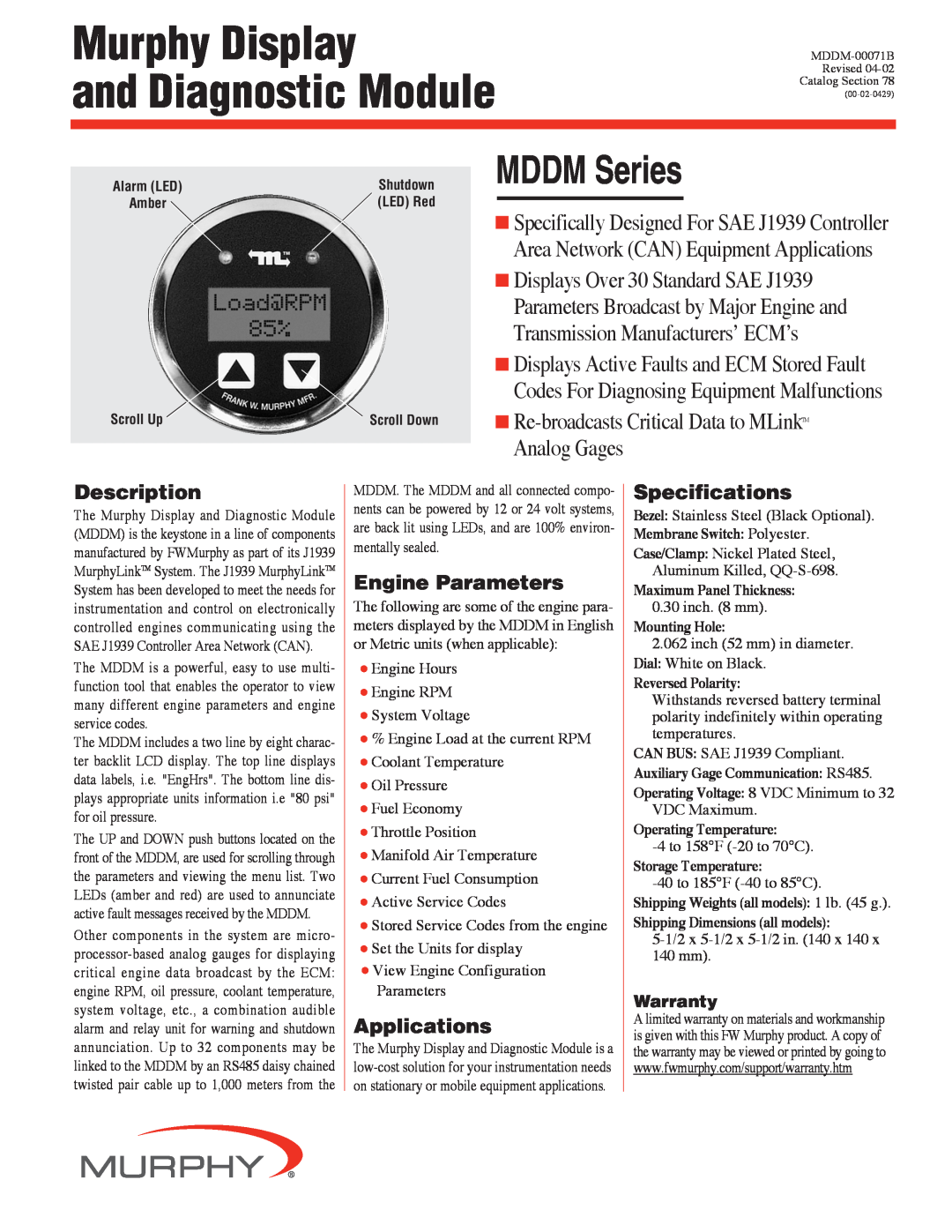 Murphy specifications Description, Engine Parameters, Applications, Specifications, MDDM Series 